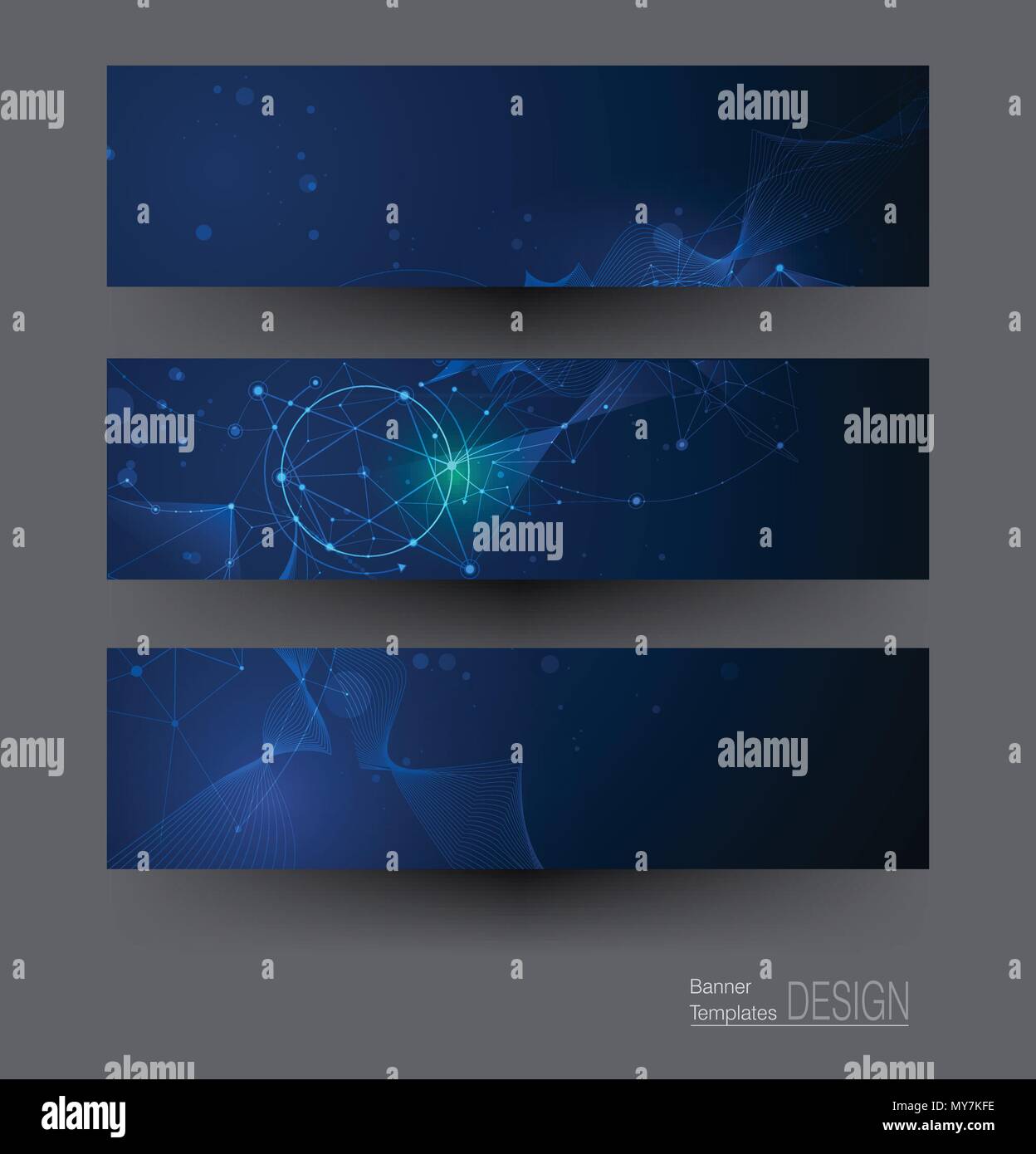 Illustrazione banner set, Abstract molecole con cerchi, linee geometriche, Poligono. Il design del vettore di comunicazione di rete su sfondo blu scuro. Fut Illustrazione Vettoriale