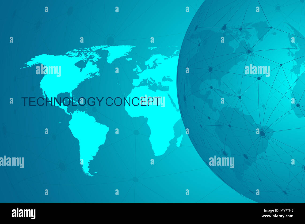 Global blockchain internazionale con mappa del mondo. Futuro moderno spazio satelliti a bassa poli moderna tecnologia futura finance banking design. Abstract polygona Foto Stock
