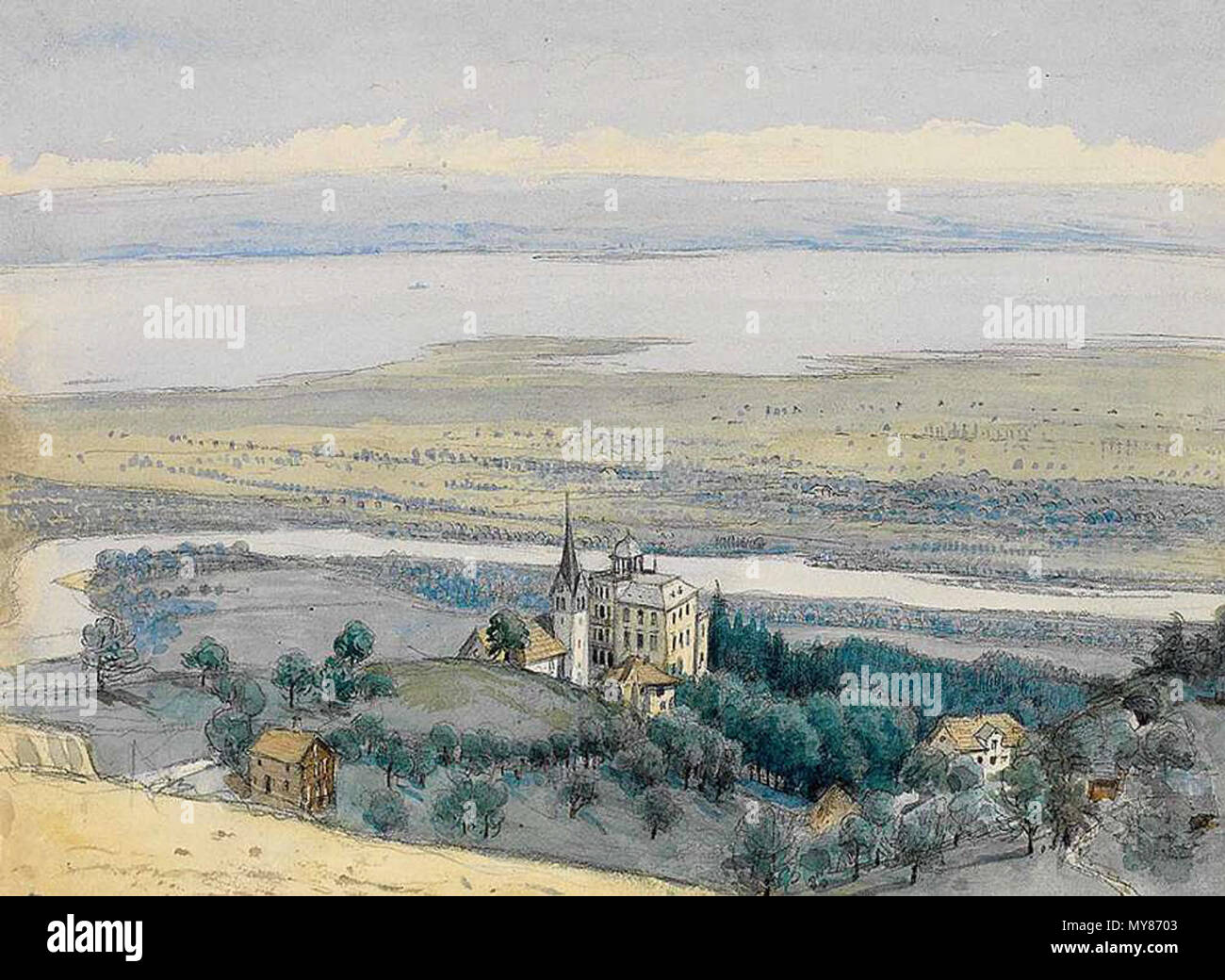 . Deutsch: Max Bach (1841-1914): Blick auf den alten Rhein bei Rheineck und den Bodensee inglese: Max Bach (1841-1914): vista sul vecchio Reno vicino a Rheineck e al lago Bodensee. Matita e acquerelli, 22,5 x 30,5 cm. Tra il 1841 e il 1914. Max Bach (1841-1914) 356 Max Bach Rheineck Foto Stock