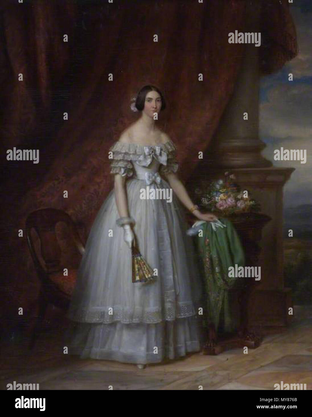 . Inglese: Ritratto di Marian, Lady Malet. a lunghezza piena, che indossa un abito bianco e in piedi da una tabella, una colonna al di là. 1839. Jan Baptist van der Hulst 311 Lady Marian Malet Foto Stock