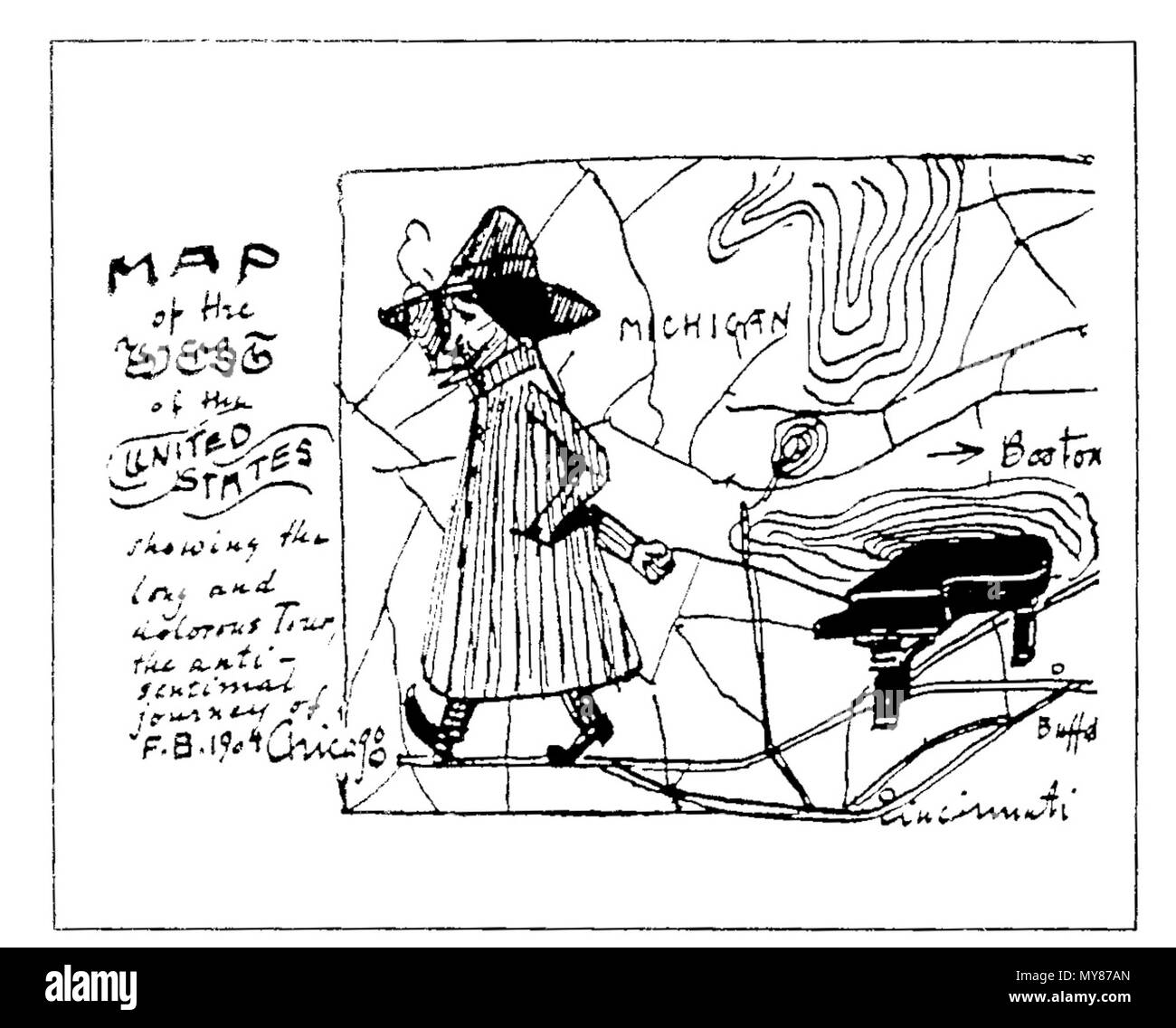 . Inglese: fumetto disegnato da Busoni del suo 1904 tour negli Stati Uniti . Il 12 marzo 1924. Ferruccio Busoni (1866-1924) 91 Busonimap Foto Stock
