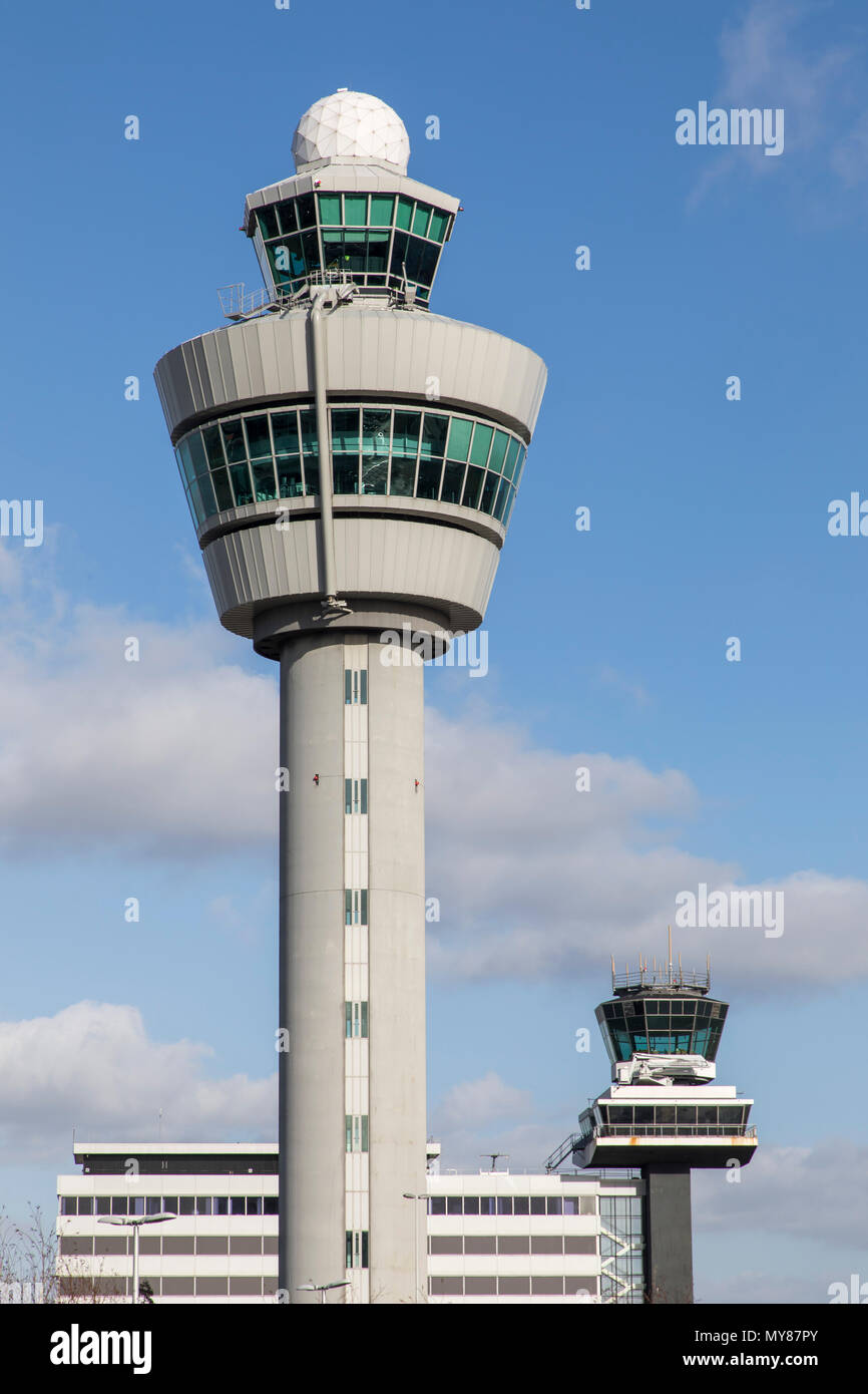Il controllo del traffico aereo Tower, l'aeroporto Schiphol di Amsterdam, in Olanda Settentrionale, Paesi Bassi, Foto Stock