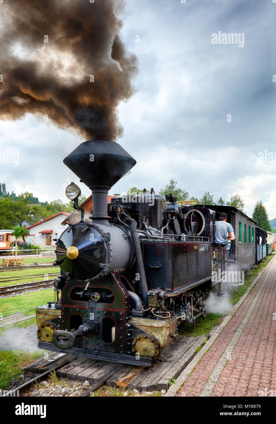 Il vapore vecchio treno, Cierny Balog, Slovacchia Foto Stock