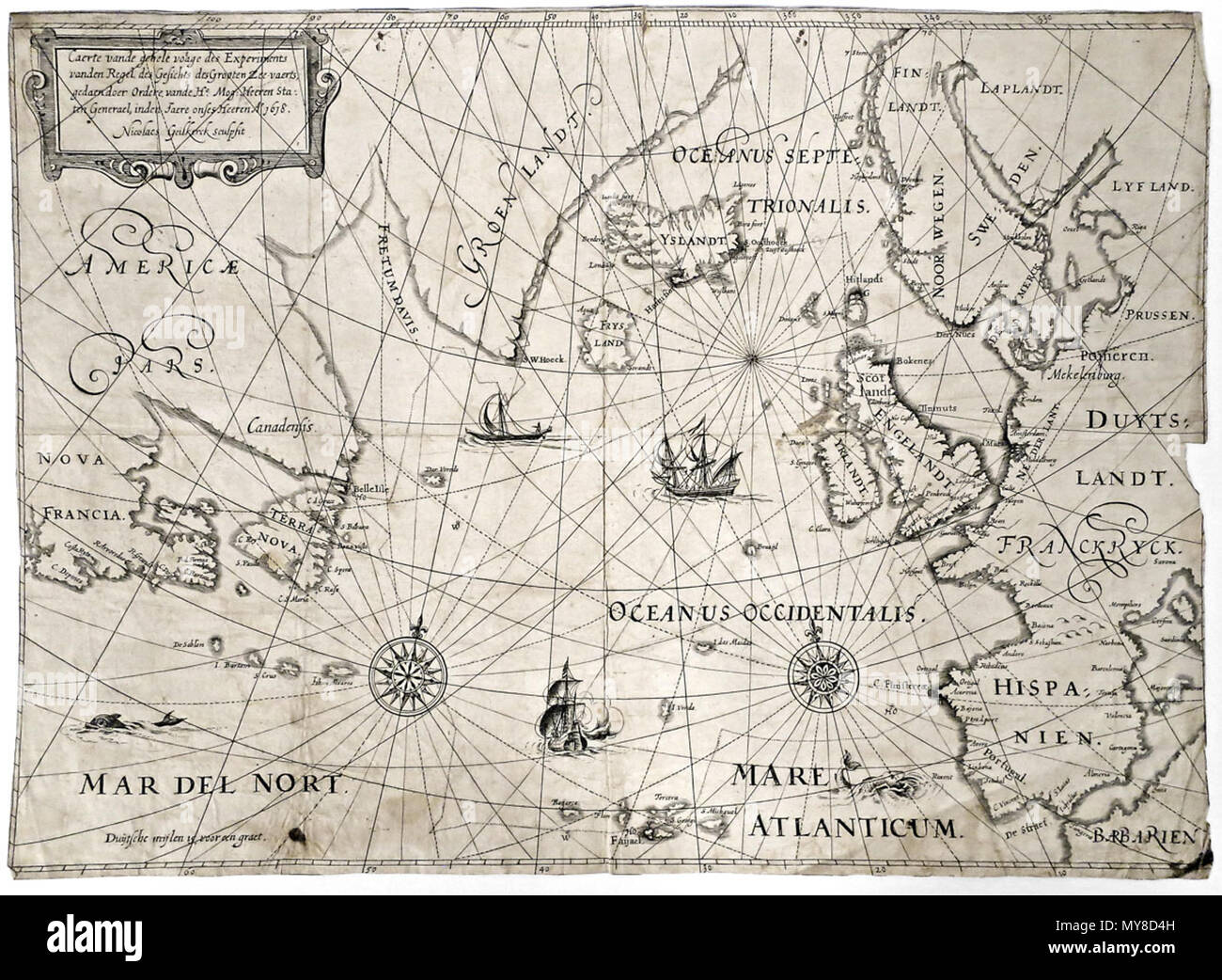 . Inglese: grafico marini del Nord Atlantico inserito in una relazione intitolata Voyage van esperimento van den generalen regul des gesichts van de Groote zeevaert (1620) circa il fallimento del tentativo fatto da Jan Hendricks Jarichs van der Ley (1566-1639) per calcolare le longitudini geografiche utilizzando un nuovo tipo di mappa. Incisione su rame, ['s Gravenhage, s.n., 1620]. Español: Carta marina del Atlántico Norte inserta en onu informe titulado Voyage van esperimento van den generalen regul des gesichts van de Groote zeevaert (1620) acerca del intento fallido realizado por Jan Hendricks Jarichs van der Ley (1566-1639) Foto Stock