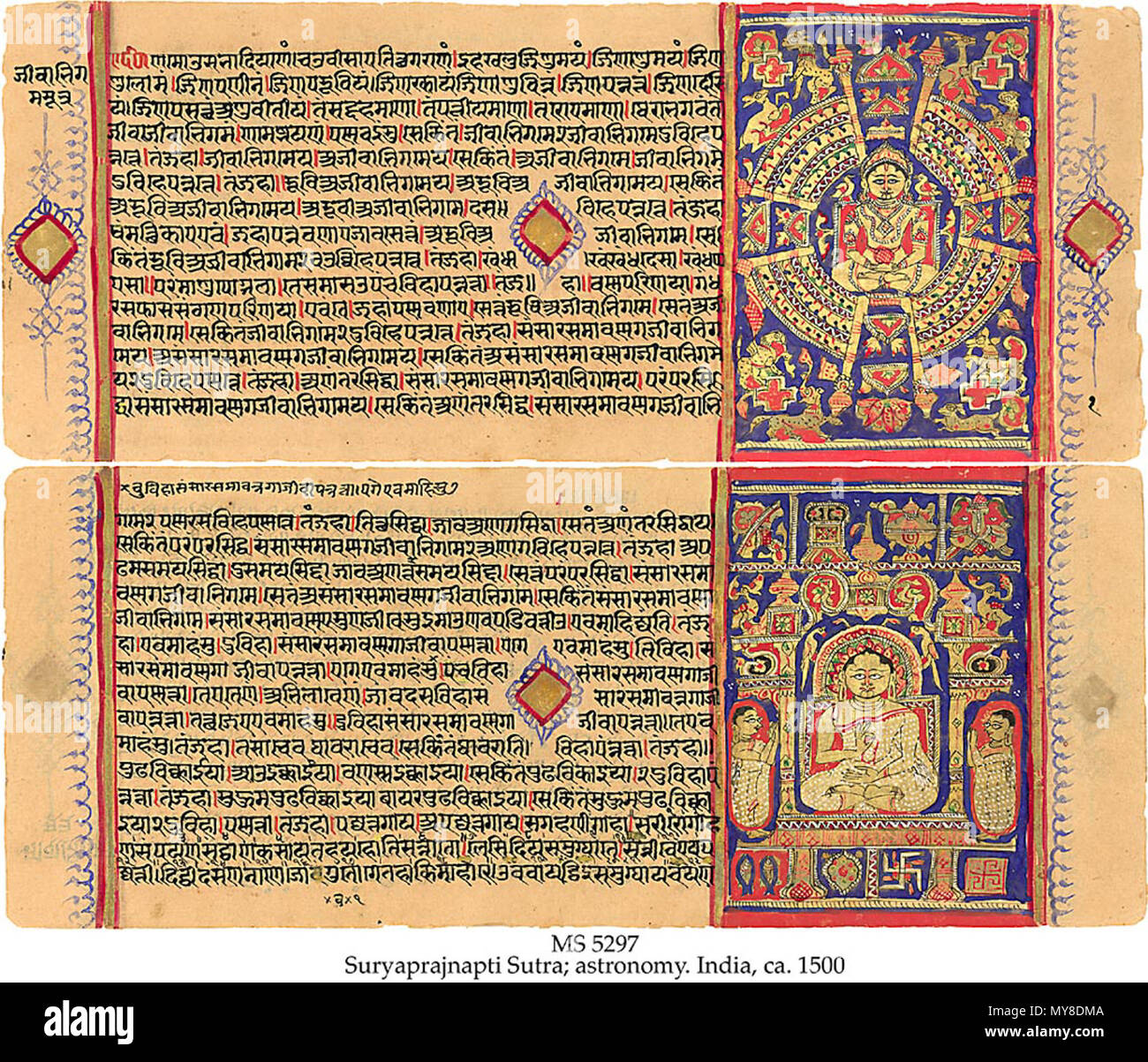 . Inglese: [1] MS in Jain prakrit su carta, stato dell India occidentale, ca. 1500, 105 ss. (Completa), 13x31 cm, singola colonna (10x26 cm), 15 linee in Devanagari prenota script, 2 miniature in oro, rosso e lapiz lazuli . Il Suryaprajnaptisutra, un lavoro astronomico risalente al terzo o quarto c. BC, costituisce su dei classici del Jain Svetambara setta e fornisce informazioni sul sun, della luna e dei pianeti e i loro movimenti. Come in questo MS, copie del lavoro generalmente comprendono solo 2 illustrazioni sulle pagine di apertura, uno di Mahavira, l'ultima e più celebrata di Jinas, insegnare a tutte le creature, e Foto Stock