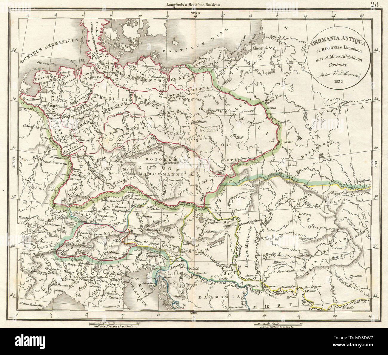 . Delamarche la mappa della Germania in epoca romana. Inglese: questa colorata a mano mappa è una piastra di rame incisione, risalente al 1832 dal ben noto cartografo francese Delamarche. Si tratta di una rappresentazione della Germania ai tempi dell'Impero Romano. . 1832 5 1832 Delamarche mappa della Germania in epoca romana - Geographicus - Germania-D-32 Foto Stock
