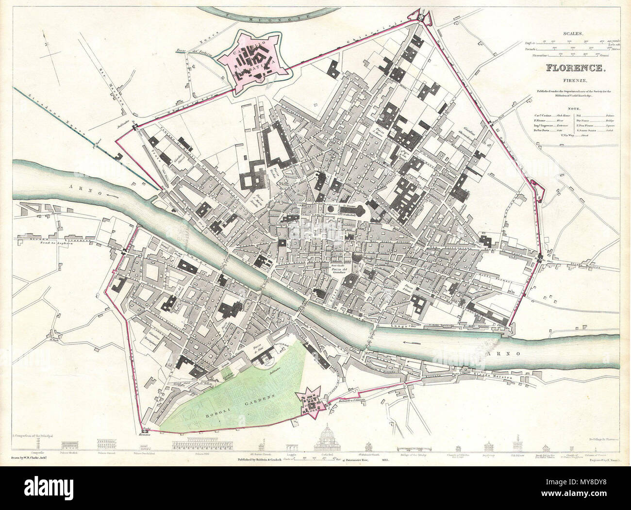 . Firenze. Firenze. Inglese: Questa mappa è una piastra di acciaio di incisione, risalente al 1835 dalla società per la diffusione di conoscenze utili, S.D.U.K. Esso rappresenta la città di Firenze o Firenze, Italia. Mostra la città vecchia di Firenze in notevole dettaglio e dare attenzione alle vie più importanti, gli edifici e i monumenti. Lungo la parte inferiore della mappa appare disegni delle facciate di 16 strutture fiorentine intitolato un confronto dei principali edifici di Firenze. Pubblicato per la Società per la diffusione di conoscenze utili, da Baldwin e Cradock di Paternoster Row, Londra, 18 Foto Stock