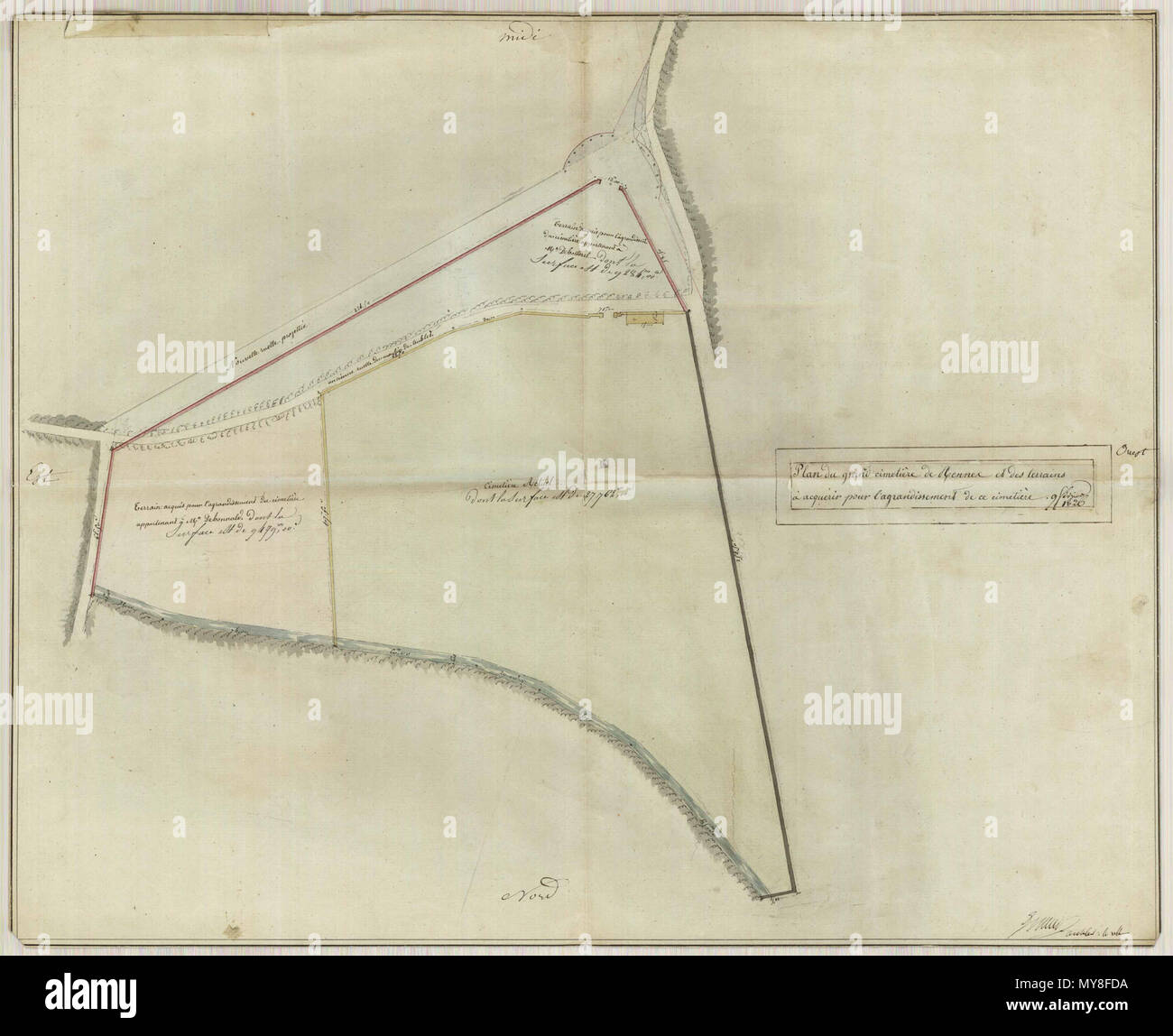 . Français : Cimetière du Nord, Rennes . Français : Plan du grand Cimetière de Rennes et des terrains à acquérir pour l'agrandissement de ce cimetière. Archives municipales de Rennes, 2 fi 4298. . 9 febbraio 1826. 13 sconosciuto 2fi4298 Foto Stock