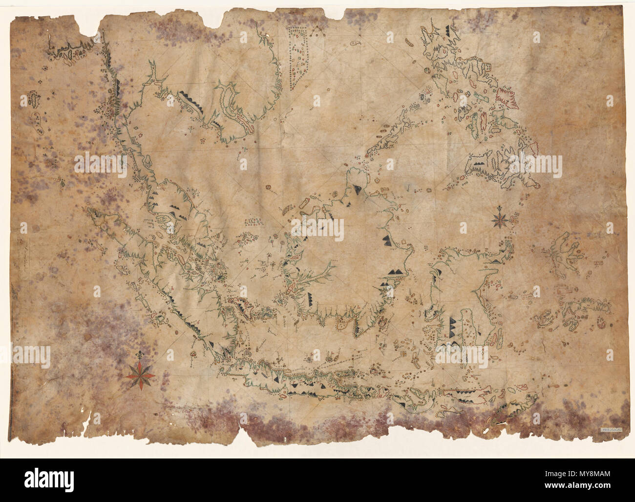 . Inglese: questo all'inizio del XIX secolo il grafico dell'Est Indiano Arcipelago scritto in Buginese è un esempio di cartografia indigena con influenze europee. Buginese (Basa Ugi) è una lingua Austronesiana parlata nella parte meridionale dell'isola indonesiana Celebes. circa 1820. Anonimo 89 Buginese grafico dell'Est Indiano Arcipelago - ca. 1820 - UB Utrecht Foto Stock