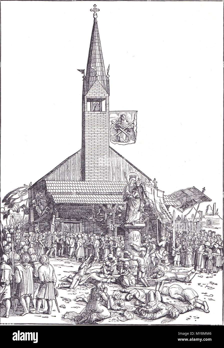 . Svenska: Pellegrinaggio a "La fiera della Madonna in Regensburg ", da Michael Ostendorfer. L'isteria di massa fatta persone viaggi impulively a Regensburg e all'arrivo, essi caddero in estasi. Il XVI secolo. Sconosciuto 401 Ostendorfer Madonna in Regensburg Foto Stock