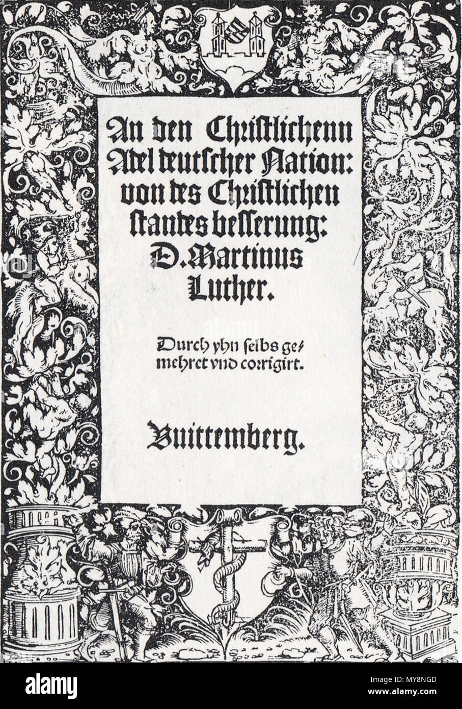 . Inglese: Titolo pagina per un den Christlichenn Adel deutscher Nation (per la nobiltà della nazione tedesca), stampato da Melchior Lotter, Wittenberg 1520. 1520. Martin Lutero 37 An den Christlichenn Adel 1520 Foto Stock