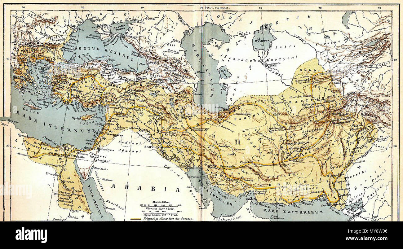 172 eccellente mappa di le conquiste di Alessandro utilizzando la nomenclatura latina, pubblicato in Germania nel 1893 Foto Stock