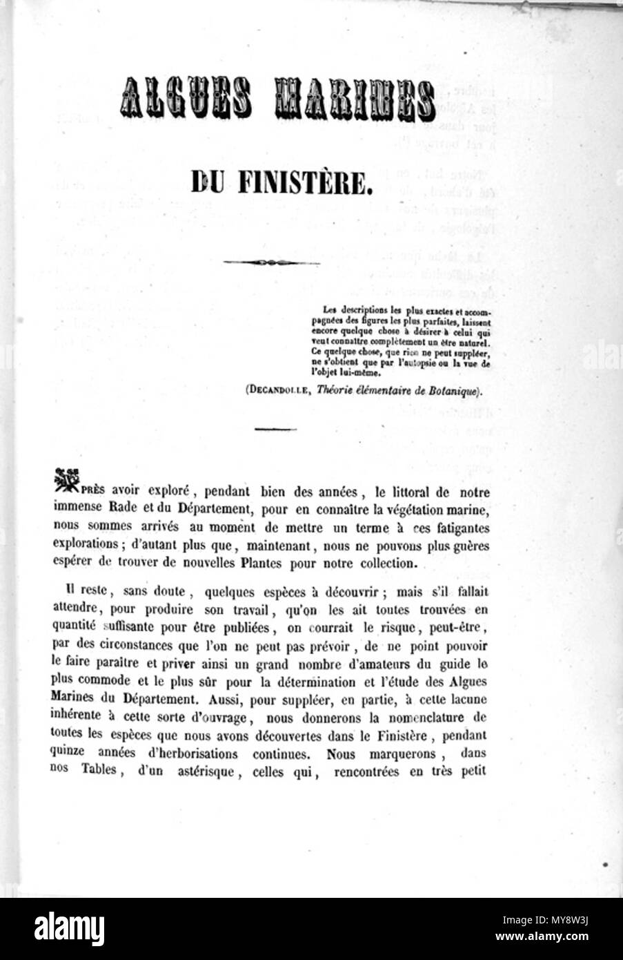 . Inglese: prima pagina' Crouan fratelli erbario Algues marines du Finistère 1852 Français : préface Alguier des Frères Crouan Algues marines du Finistère 1852 . originariamente 1852. université de Bourgogne 436 Prefazione01 Foto Stock