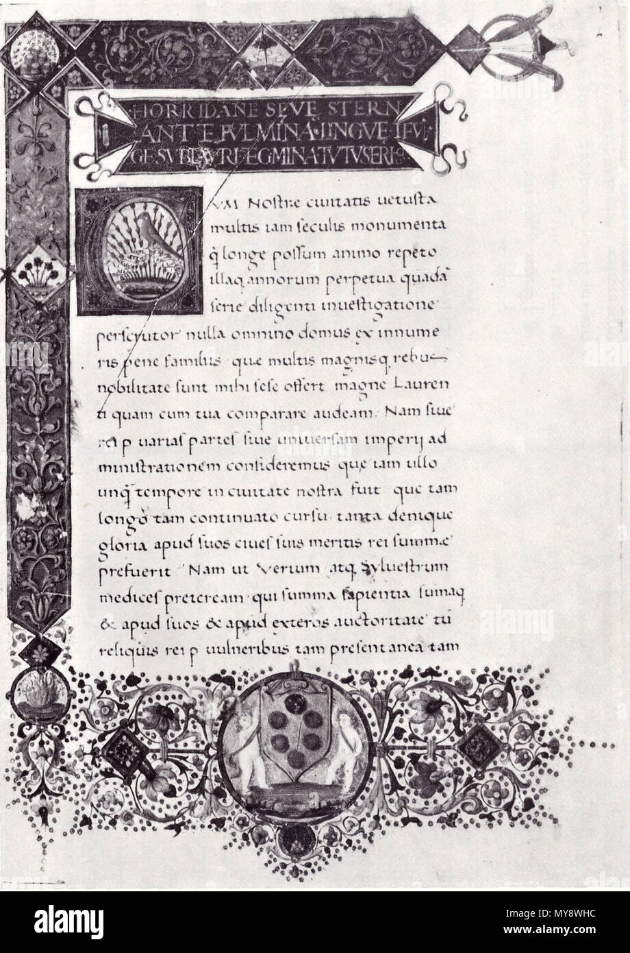 . Inglese: La prima pagina della finestra di dialogo De vera nobilitate nel manoscritto Roma, Accademia Nazionale dei Lincei e Corsiniana Biblioteca, 36 e 5, fol. 1r. Deutsch: Der Anfang des dialoghi De vera nobilitate in der Handschrift Rom, Accademia Nazionale dei Lincei e Corsiniana Biblioteca, 36 e 5, fol. 1r. 15h secolo. Cristoforo Landino 312 Landino, De vera nobilitate, Cors. 36 E 5 Foto Stock