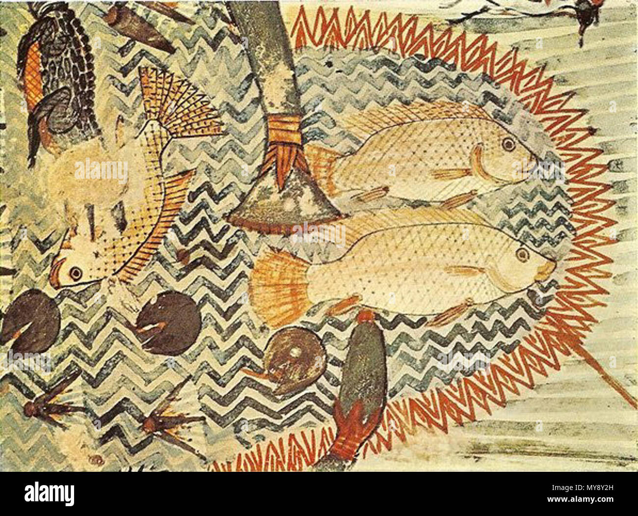 . Deutsch: Grabkammer des Menna, Ackerschreiber des Königs, Szene: Jagd und Fischfang, dettaglio: Fische inglese: Tomba di Menna, scena: Caccia e pesca, dettaglio: pesce . circa 1422-1411 BCE 340 Maler der Grabkammer des Menna - Fische Foto Stock