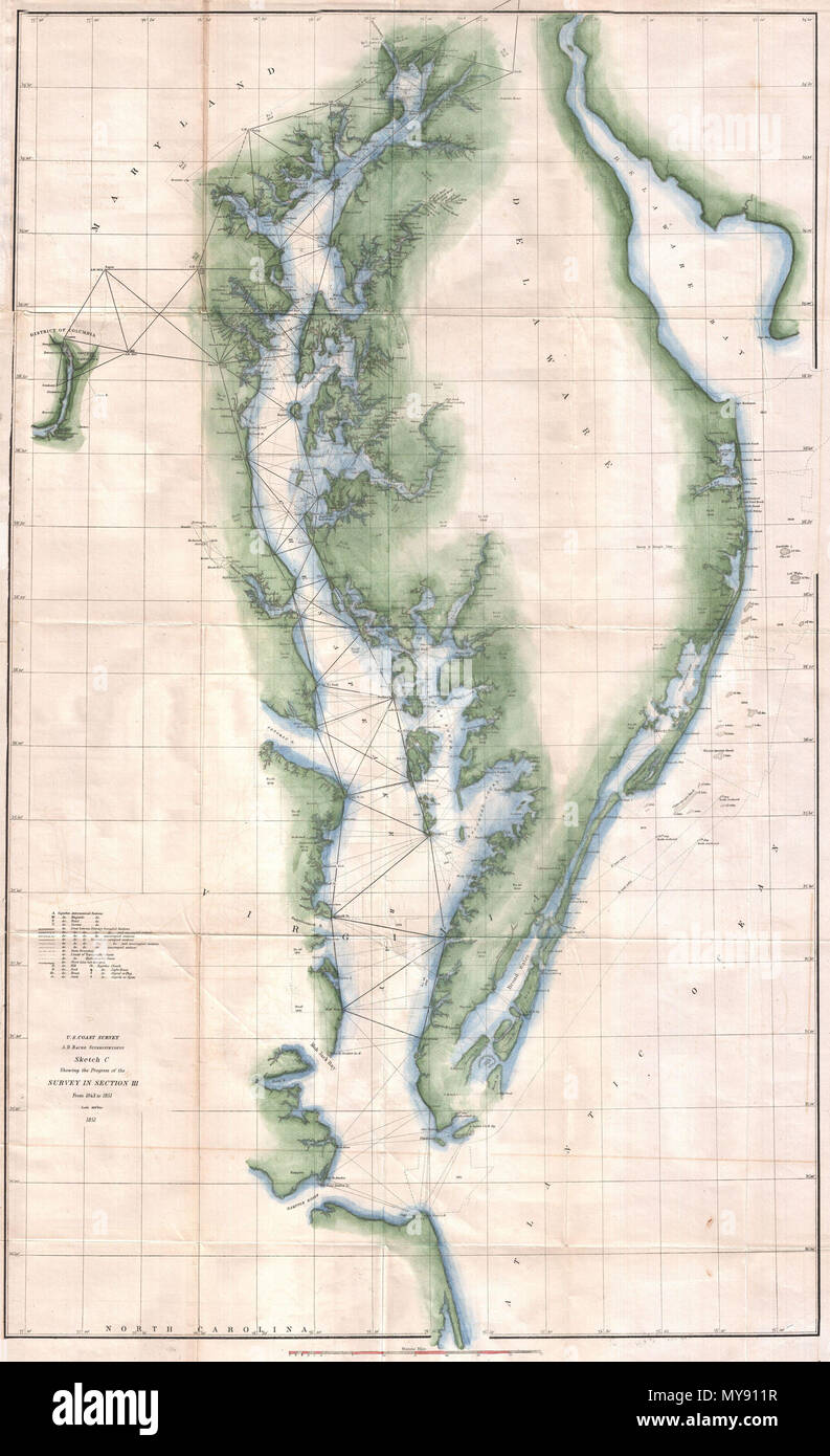 . Schizzo C che mostra il progresso del sondaggio nella sezione III dal 1843 al 1851. Inglese: un esempio eccezionale di 1851 U.S. Costa del sondaggio progresso grafico per la baia di Chesapeake e baia del Delaware la regione. Copre dalla bocca del Susquehanna a Cape Henry, west per quanto riguarda Washington e a oriente come lontano come Cape May. Mostra la triangolazione di punti di tutta la baia come pure tutti i principali Isola, fiumi e insenature. Fari, porti, città, spiagge e siti industriali noti. Preparato sotto la supervisione di D.C. Bache, una delle figure più influenti nella storia della Costa sondaggio, Foto Stock