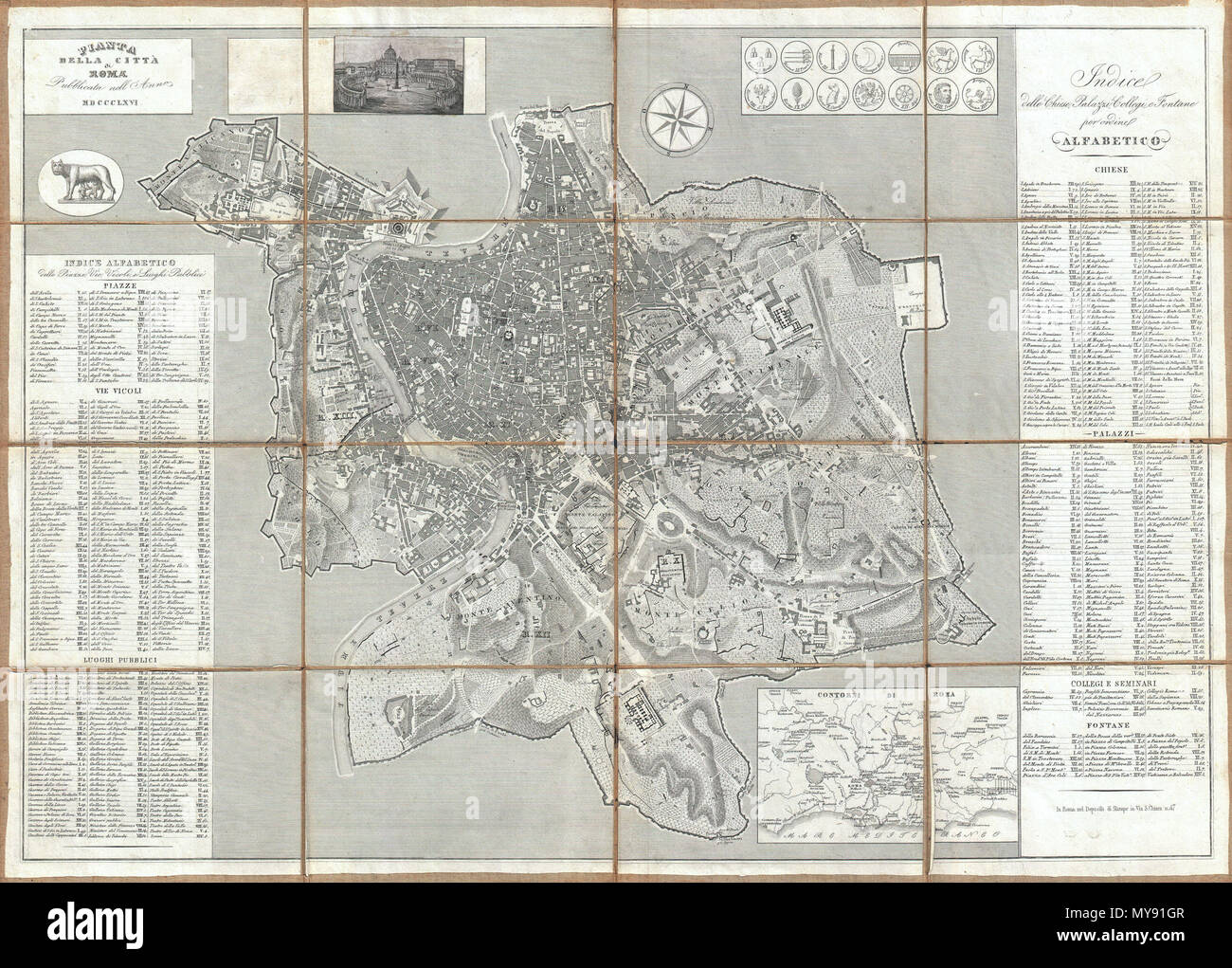 . Pianta della citta' di Roma pubblicata nell' anno MDCCCLXVI . Inglese: una straordinaria 1864 caso mappa di Roma di Augusto Fornari. Si concentra sulle antiche mura della città di Roma e comprende il Vaticano, il Colosseo, il Pantheon, e vari altri edifici storici, piazze, ponti, Parchi e strade. Il quadrante superiore sinistro caratteristiche incisa una vista sulla Basilica di San Pietro e un altro di Romolo e Remo, mitici fondatori di Roma, il lattante presso i capezzoli di una lupa. Quadrante superiore destro funzioni armorial simboli per ciascuna di Roma il 14 distretti. Quadrante inferiore destro offre un piano di Foto Stock