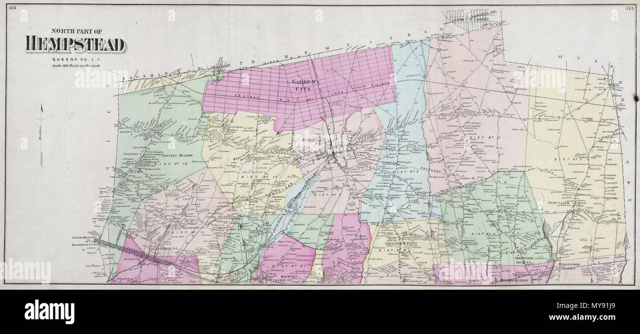 . Parte nord di Hempstead Queens Co. L. I. Inglese: questa scarsa grandi e colorati a mano la mappa mostra la città di Hempstead, Long Island, New York. La mappa mostra la popolosa città e paesi circostanti Hempstead, comprese città giardino, Valley Stream, Bridgeport, Rockville, Greenwich Point, Smithville, Ridgewood e nuovo Cassel. Lo straordinario dettaglio di questa mappa, giù per le singole famiglie con i cognomi, ne fanno un affascinante studio per la famiglia ricercatore o storico. . 1868 8 1868 birre Mappa di Hempstead, Long Island, New York - Geographicus - NorthHempstead-birre-1868 Foto Stock