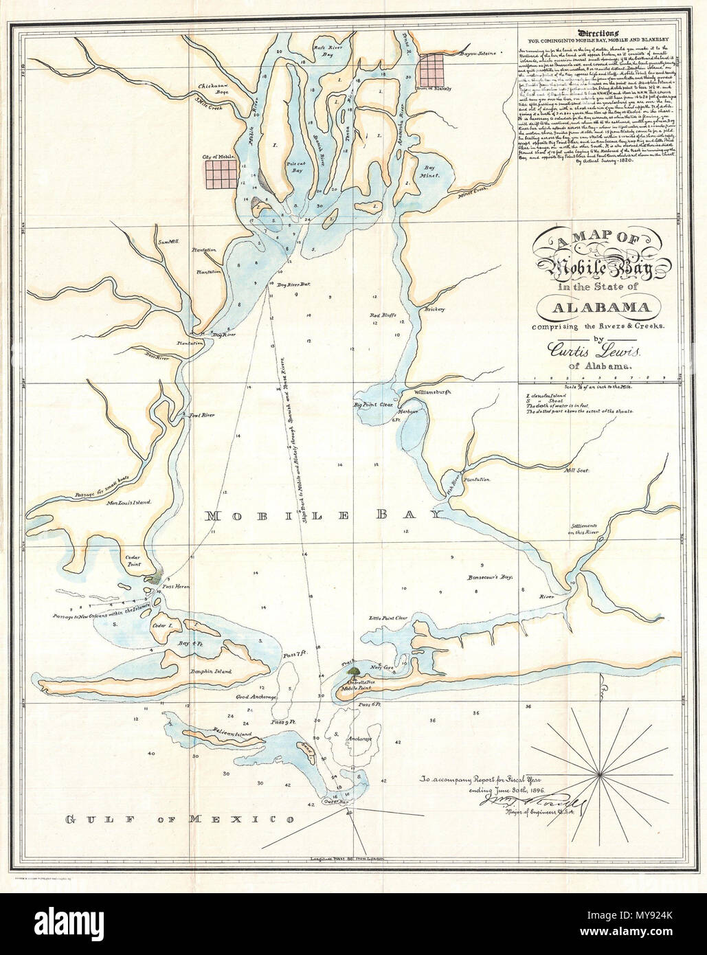 . Una mappa della Baia di Mobile nello stato di Alabama comprendente i fiumi e torrenti. Inglese: questo è un insolito 1896 mappa o carta nautica della Baia di Mobile, Alabama da Curtis Lewis. Originariamente disegnati nel 1820, questo esempio è una riemissione stampato in 1896 per William Trento Rossell's congressional Report . Questo grafico, che precede il lavoro dell'U.S. Sondaggio sulla costa in questa regione offre dettagliate istruzioni di regata, scandagli di profondità, e altri dati nautico per tutti di Mobile Bay e parti del Golfo del Messico. Comprende la città di Mobile nonché la città di Blakely. . 1886 (datato) 9 1886 Lewis Mappa di M Foto Stock