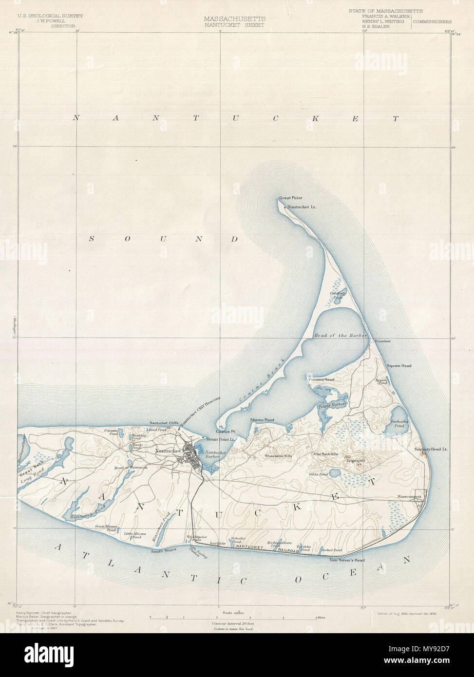 . Massachusetts Nantucket foglio. Inglese: uno dei più ricercati dopo mappe topografiche prodotte da parte del governo degli STATI UNITI Geological Survey. L'edizione 1898 dell'U.S.G.S. Sondaggio mappa di Nantucket copre l'isola dal grande collo per l'Atlantico. Identifica le caratteristiche topografiche come le colline Shawkemo, Alter Rock Hills, Folgers Hill, Gibbs, stagno Stagno Mioxes, Miacomet stagno, e la testa di Hummunock. Anche le note varie strade attraversano le isole e il Nantucket - Siasconsett Railroad. Identifica la Sankaty Capo Faro, il Nantucket Cliff beacon, la Brant Point Lighthouse e Na Foto Stock