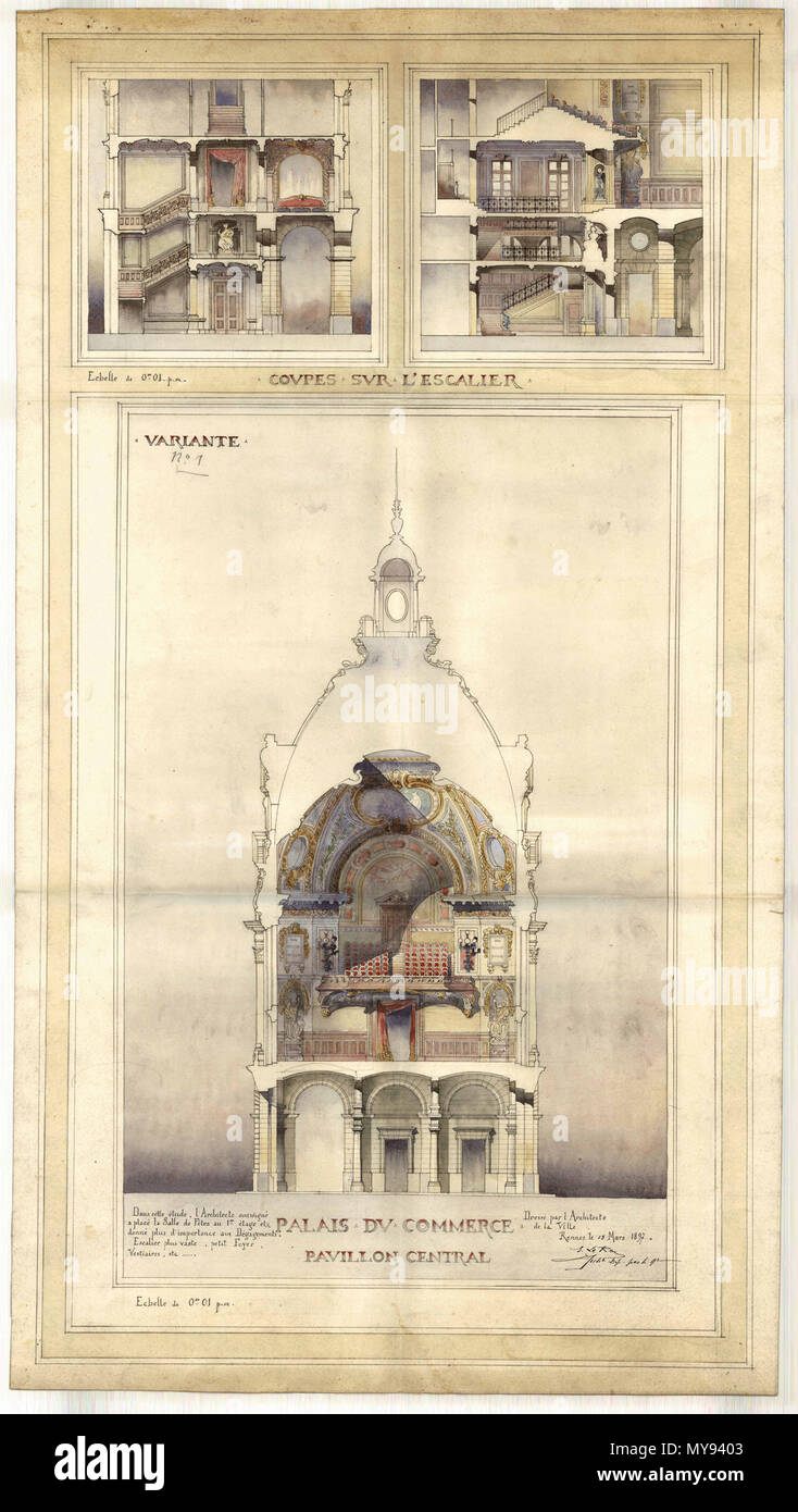 . Français : Palais du commerce de Rennes : pavillon central . Français : Pavillon central du Palais de Commerce di Rennes : plan de coupe et coupes sur l'Escalier. Archives municipales de Rennes, 2 fi 5109. . Il 15 marzo 1897. Emmanuel Le Ray (1859-1936) Descrizione architetto francese Data di nascita e morte 17 novembre 1859 28 Novembre 1936 Luogo di nascita e morte Rennes Rennes competente controllo : Q3052762 VIAF: 73530168 ISNI: 0000 0001 1833 471X ULAN: 500088079 LCCN: no2002099282 SUDOC: 150208057 WorldCat 13 2fi5109 Palais du commerce de Rennes Foto Stock