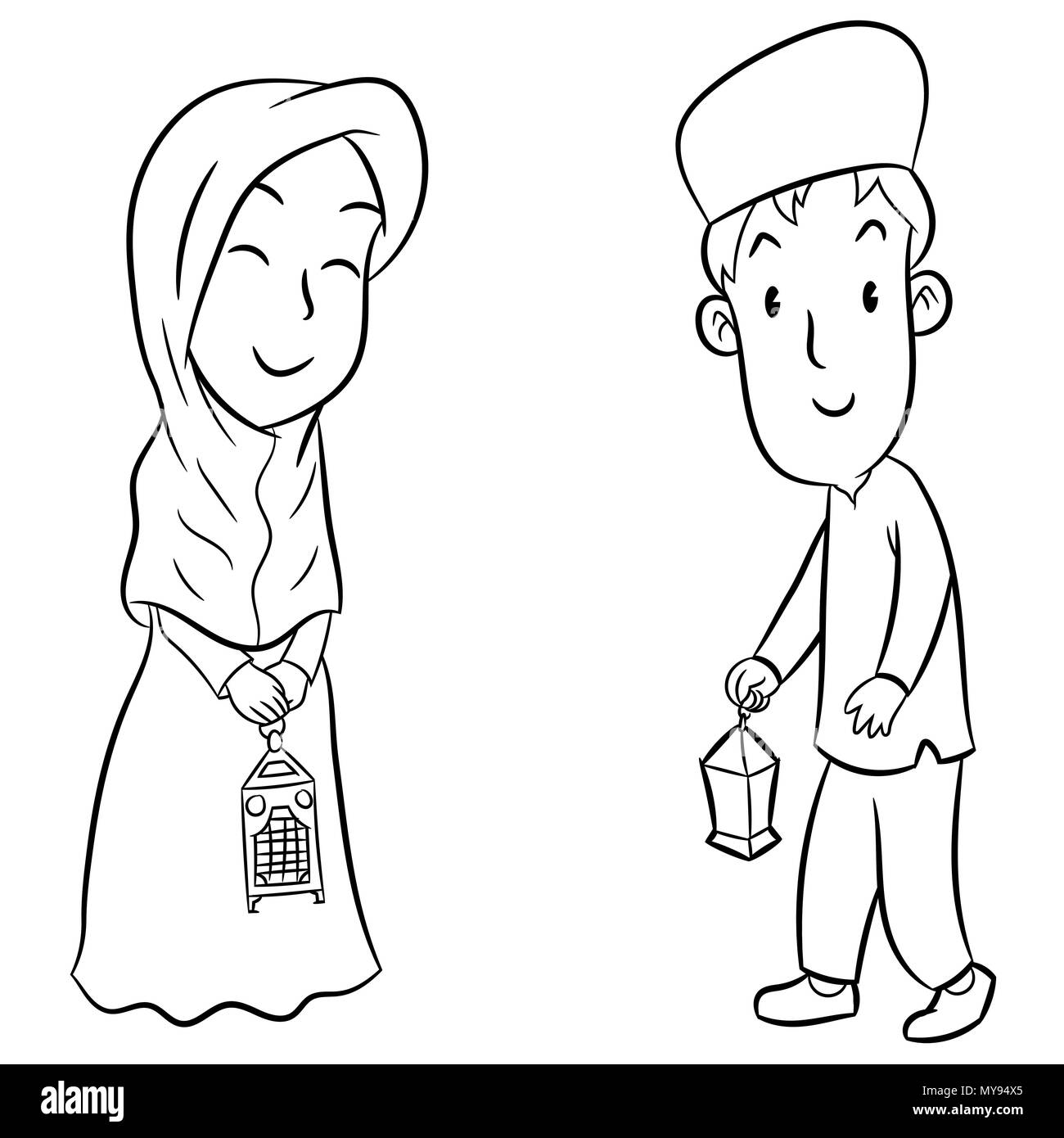 Disegnata a mano dei bambini musulmani con lanterne di Eid, in bianco e nero il disegno per la colorazione - illustrazione vettoriale. Illustrazione Vettoriale