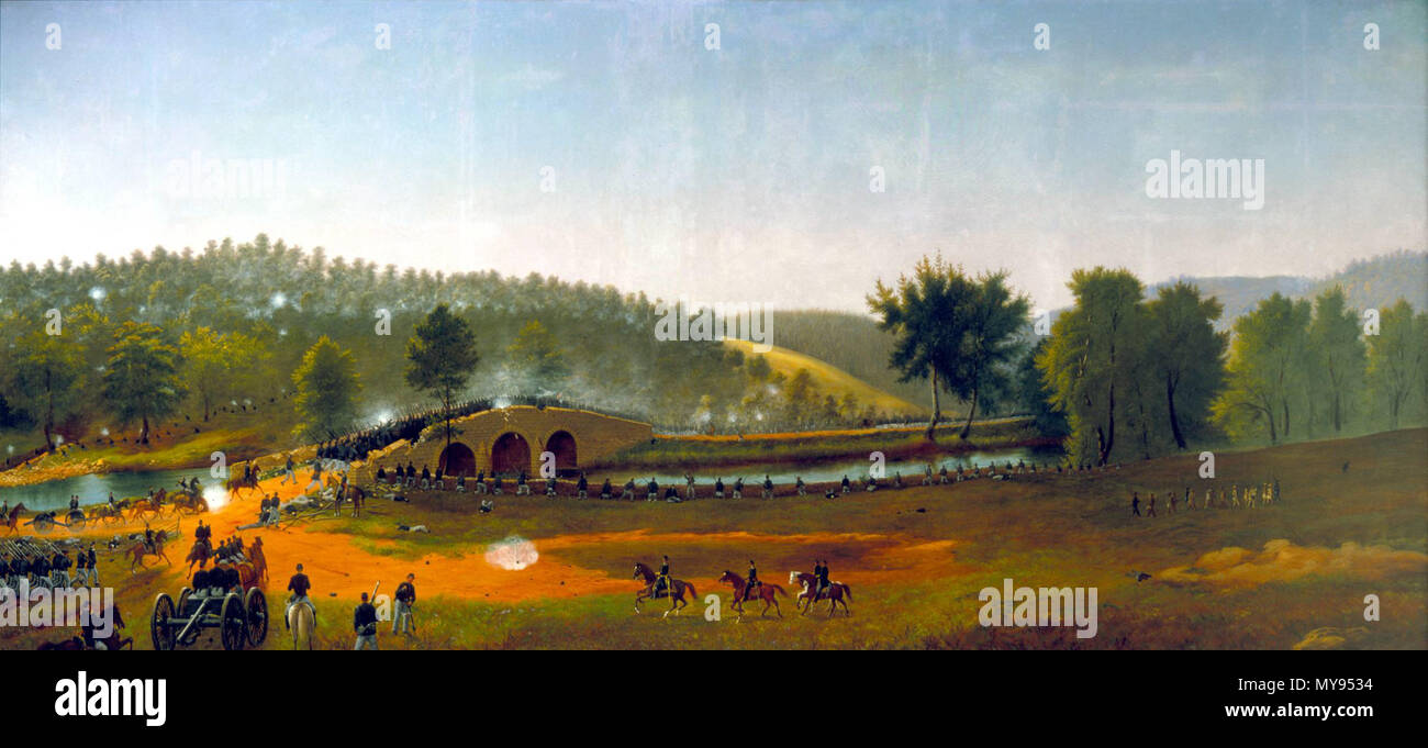 . Inglese: un fondamentale Delay-Early pomeriggio guardando ad ovest attraverso il ponte di Burnside. Con solo una piccola forza, ma tenendo terra superiore, Lee gli uomini sono stati in grado di difendere questo cruciale Antietam traversata per quasi tre ore. Unione generale Ambrose Burnside's uomini ha lanciato una serie di attacchi per rompere il collo di bottiglia in corrispondenza del ponte. Circa 1 p.m., Confederati, outflanked, sopraffatti e a corto di munizioni, cominciò a ritirarsi. Gli Yankees assalto il ponte, infine attraversando Antietam Creek. Questa mostra di pittura europea rinforzi attraversando il ponte in preparazione per la finale di anticipo. Tuttavia, Foto Stock