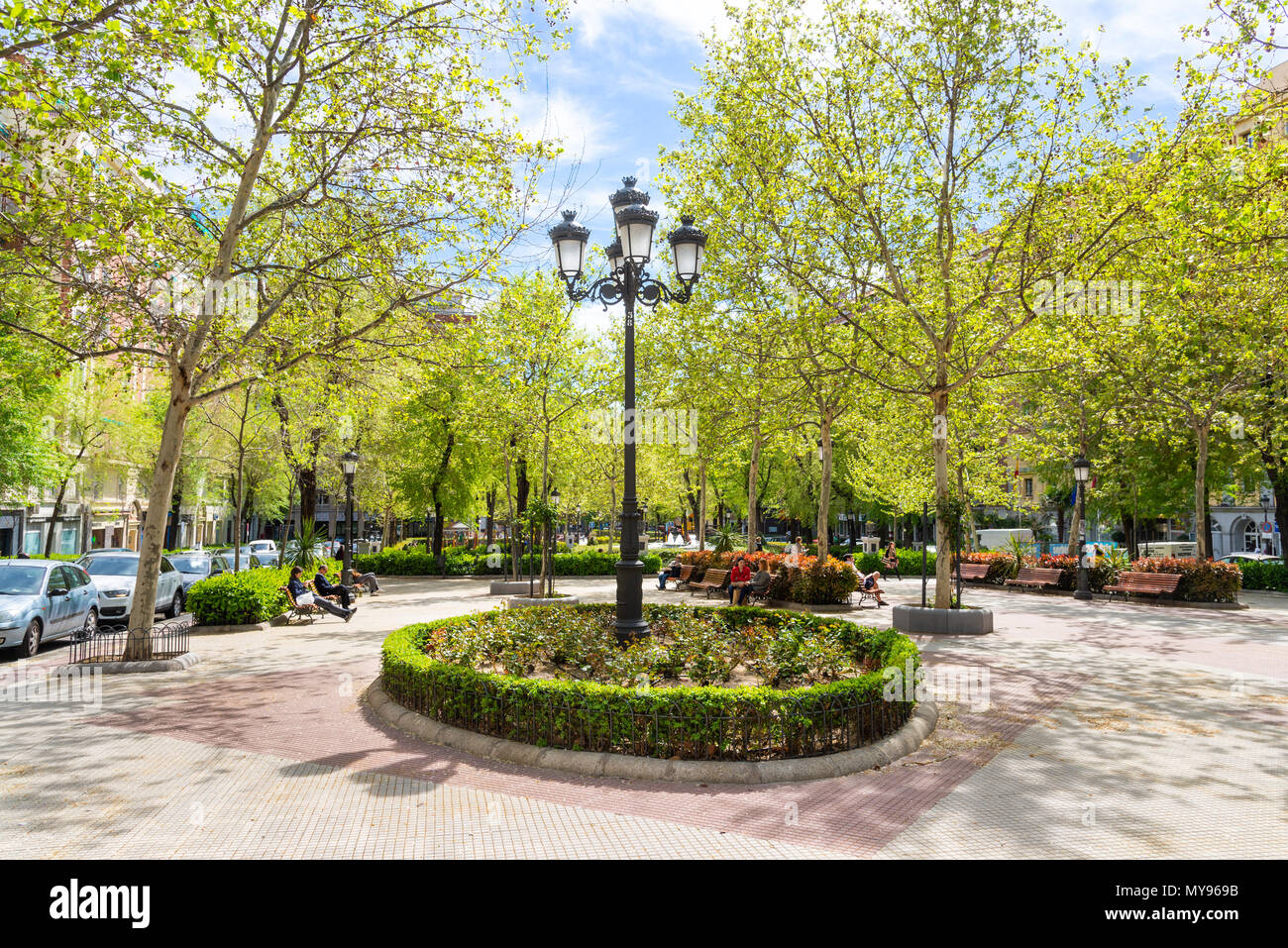 Plaza del Conde del Valle de Súchil, quartiere Chamberi di Madrid, Spagna Foto Stock