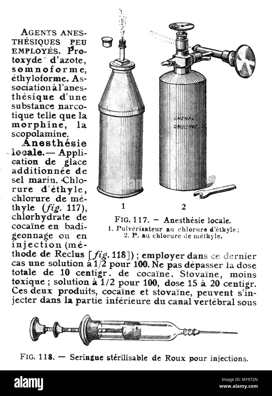 . Français : 117 1 Pulverisateur au chlorure d'etile 2 P. chlorure de méthyle 118 Seringue stérillable de Roux pour le iniezioni . Il 20 ottobre 2011. Galtier-Boissière (org.) 25 agenti anesthesiques Foto Stock