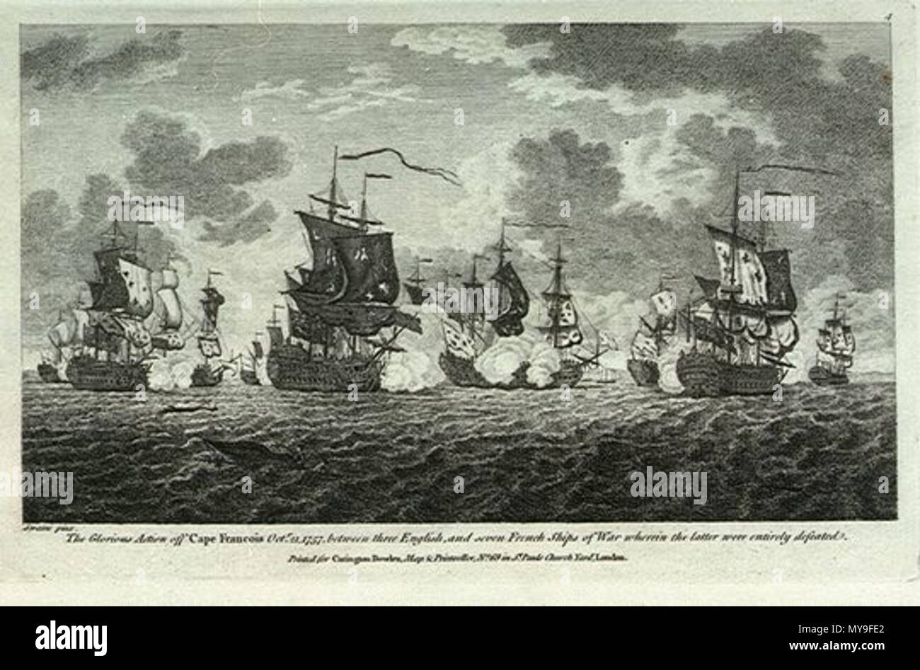 . Inglese: Dodici stampe di impegni del mare. La gloriosa Azione a largo di Capo di Francois Octr 21 1757, tra tre inglese e francese di sette navi da guerra wherin quest'ultimo erano completamente sconfitto . circa 1760. Francis Swaine 22 Azione a largo di Capo di Francois Foto Stock
