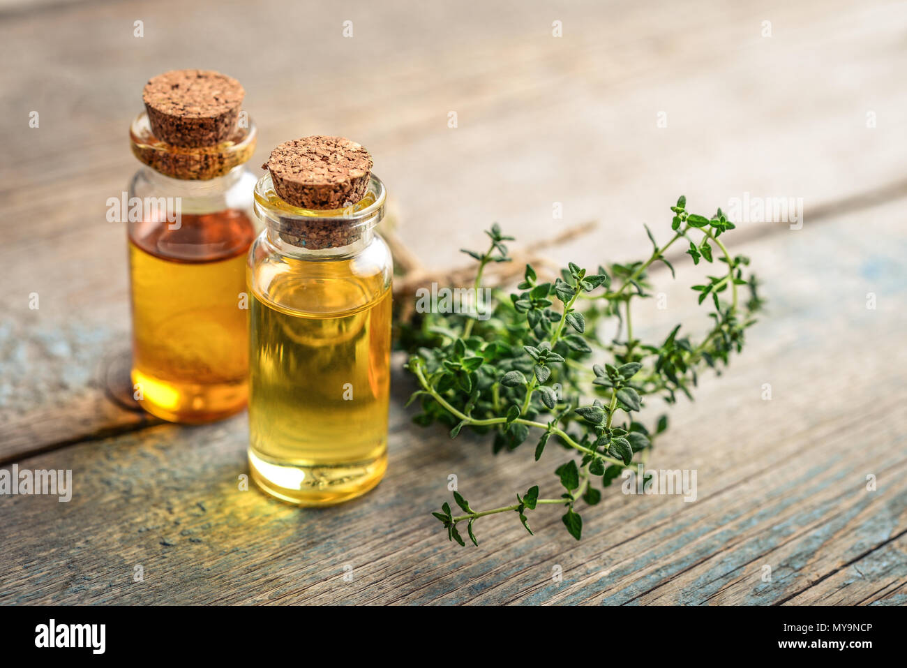 Olio essenziale di timo in un flacone di vetro con tappo di sughero e di timo fresco herb su sfondo di legno Foto Stock