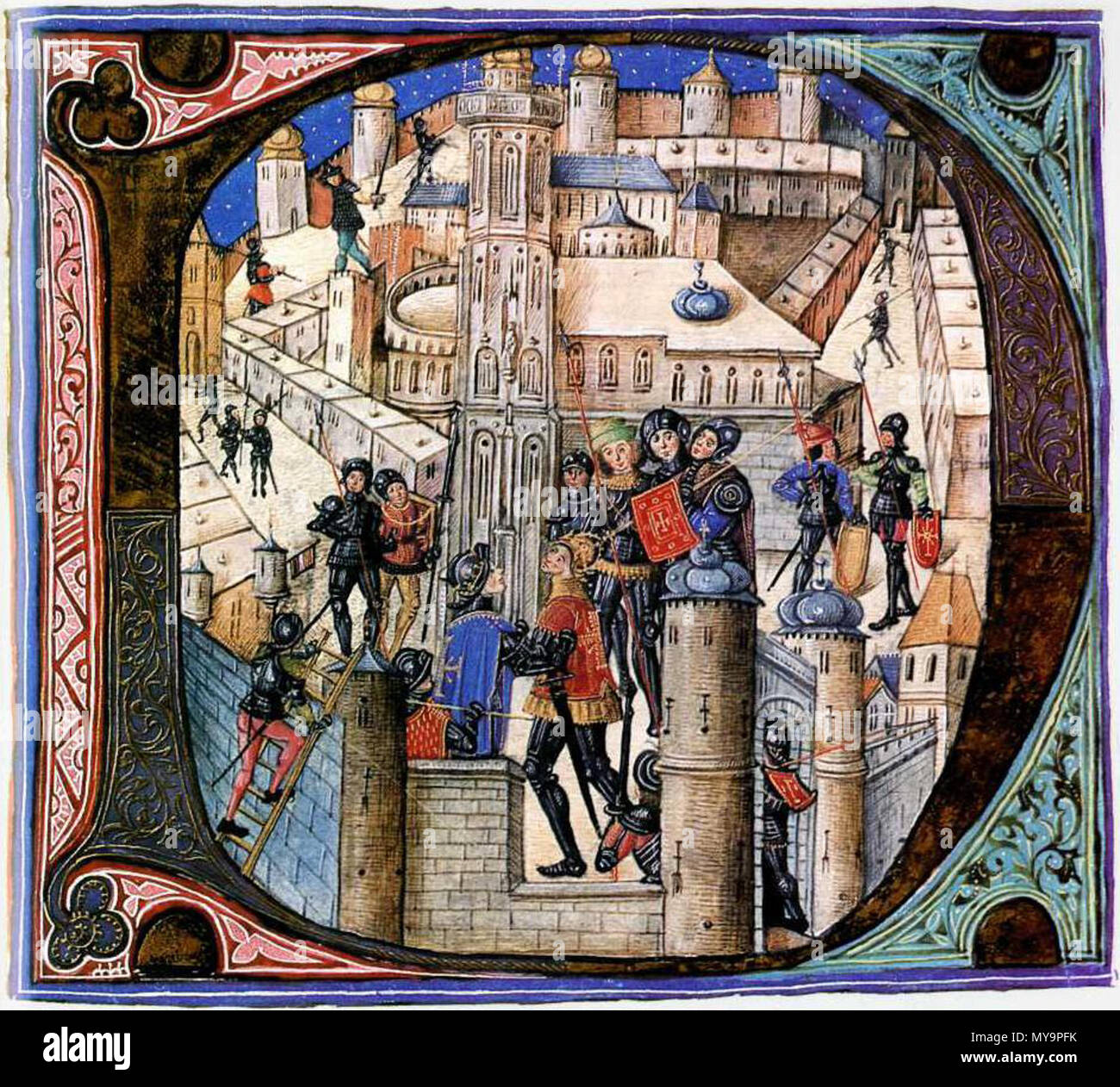 . Inglese: blindato di Fanteria ungherese in un castello. Biblioteca Nazionale Széchényi, Budapest 1480-1488. Probabilmente ha reso a Buda. Pergamena. Il più riccamente manoscritto illuminato nella raccolta La Corvina è il secondo volume Deus in loco sancto suo; Deus qui inhabitare facit unanimi in domo; ipse dabit uirtutem et fortitudinem plebi sue. Salmi 67 6 Chi è il padre degli orfani e il giudice delle vedove. Dio nel suo santo luogo: 7 Dio che fa gli uomini di un modo di abitare in una casa: chi trae fuori di loro che erano tenuti in forza; in modo simile a quelli che provocano, che abitano nei sepolcri. 36 Dio Foto Stock