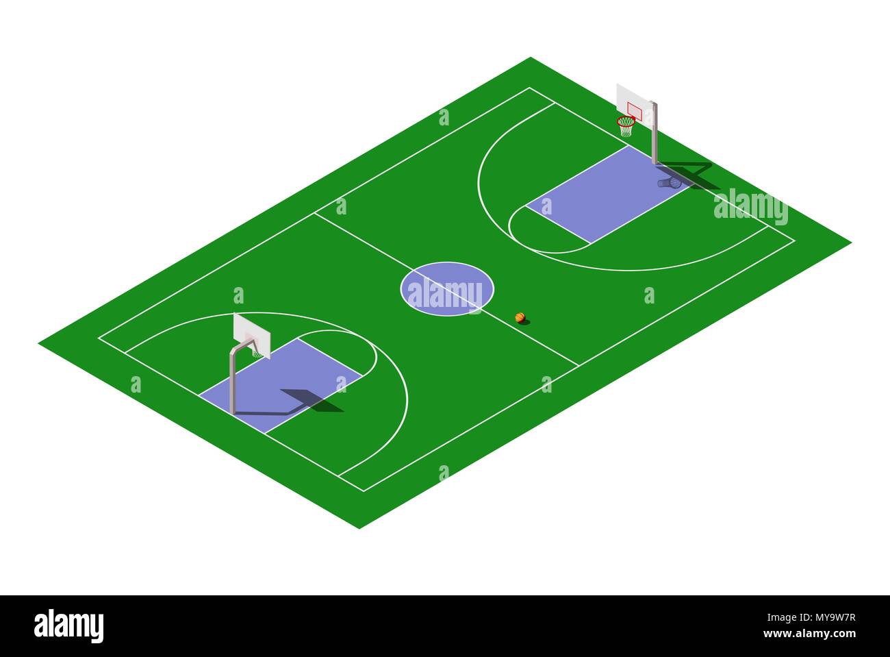 Isometrica del vettore pubblico esterno campo da pallacanestro con sfera Illustrazione Vettoriale