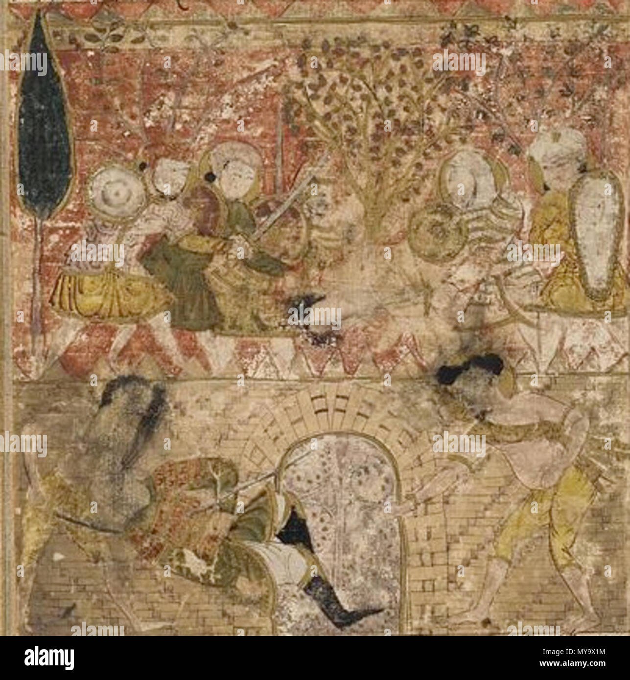 . Folio da un Tarikhnama (libro di storia) da Balami . inizi del XIV secolo. Bal'ami 60 Balami - Tarikhnama - La morte di Musaylima a mano della schiava etiope Wahshi (ritagliate) Foto Stock