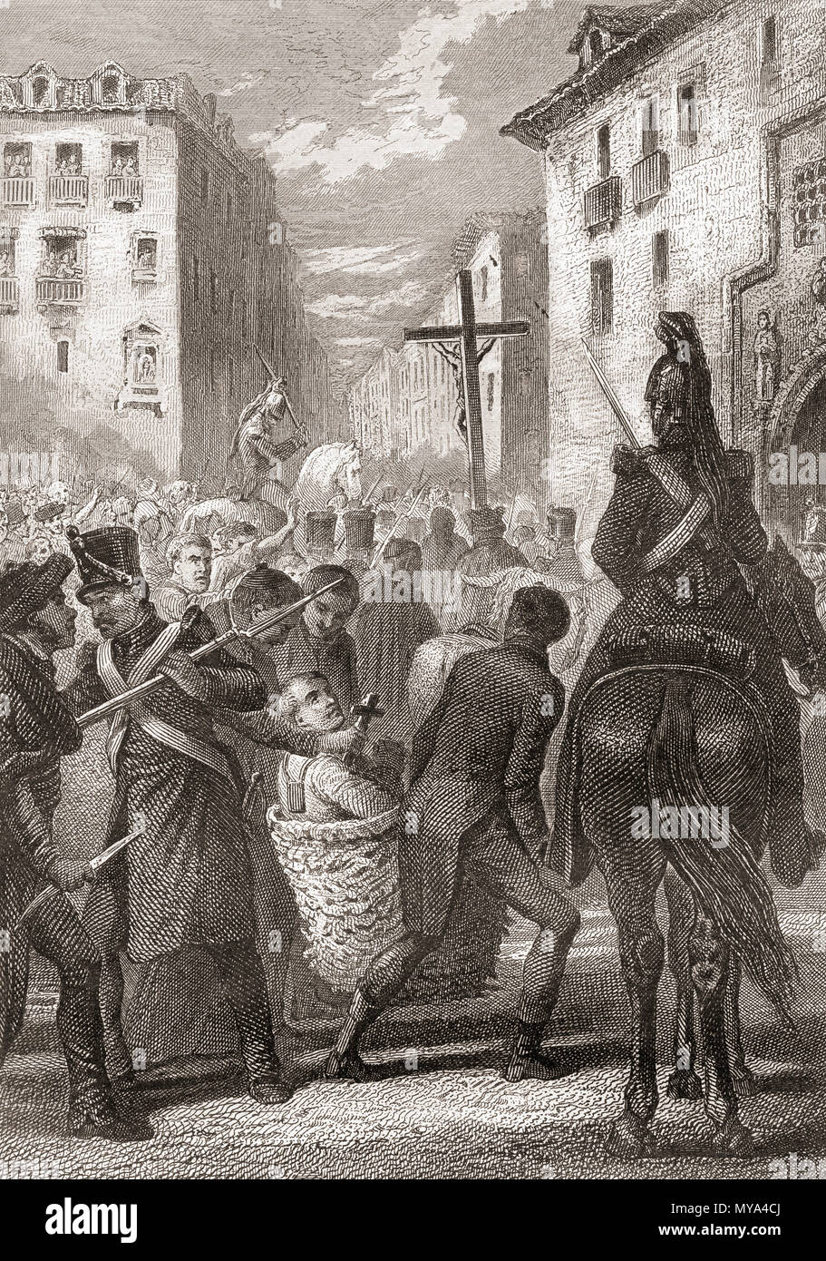 La tortura di Riego sul suo modo di esecuzione, 1823. Rafael del Riego y Flórez, 1784 - 1823. Spagnolo generale e uomo politico liberale che fu impiccato per tradimento. Da Historia de los Crimenes del despotismo, pubblicato 1870. Foto Stock