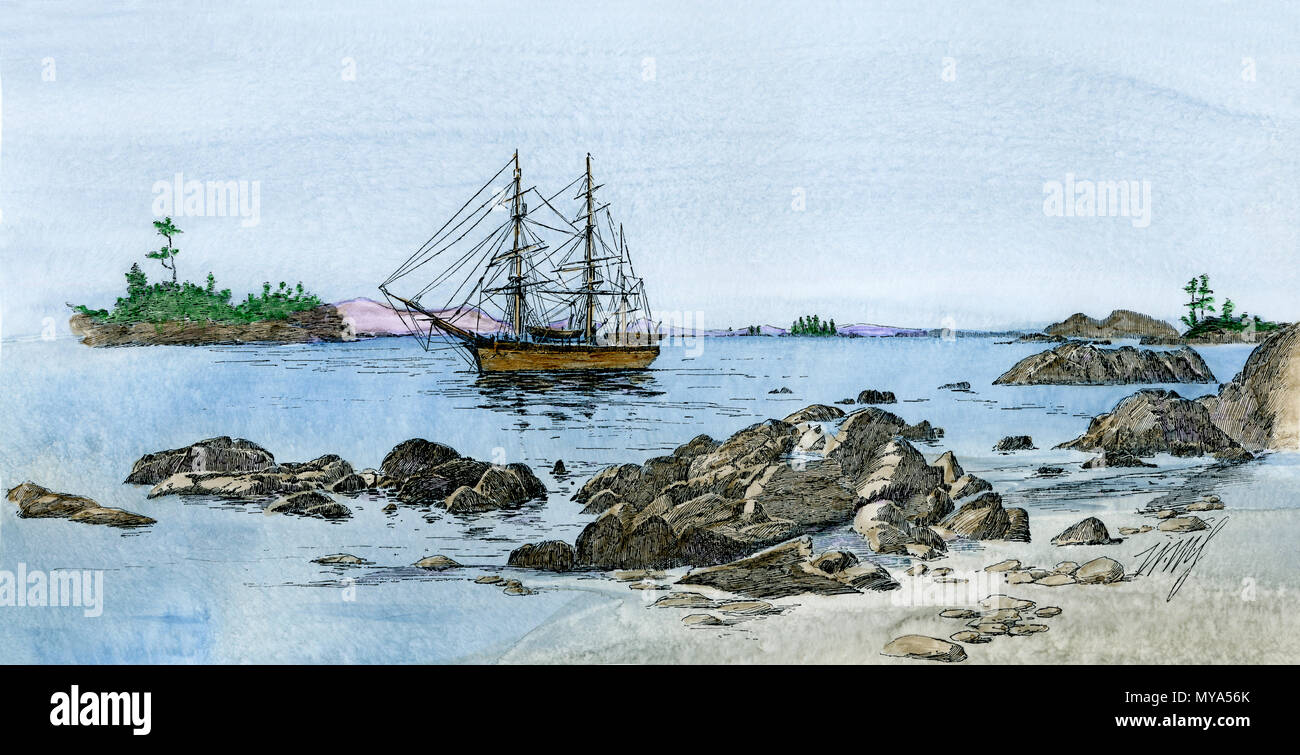 Porto di Sitka, Alaska, dalla spiaggia nera, 1890s. Colorate a mano la xilografia Foto Stock