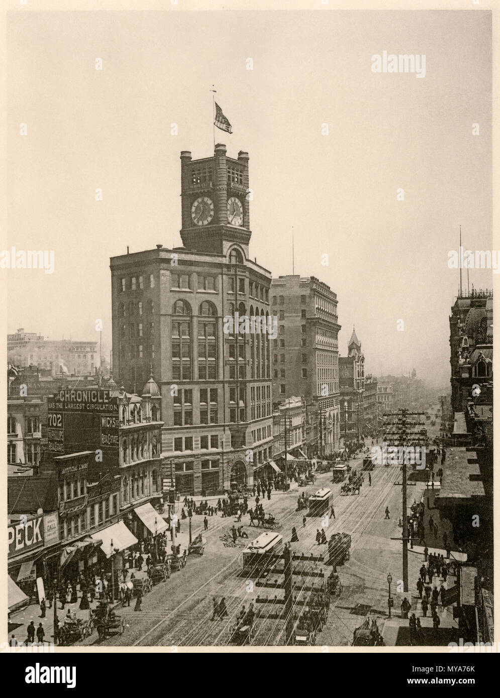 Market Street a San Francisco, mostrando la cronaca e Crocker edifici e funivie, 1890s. Albertype (foto). Foto Stock