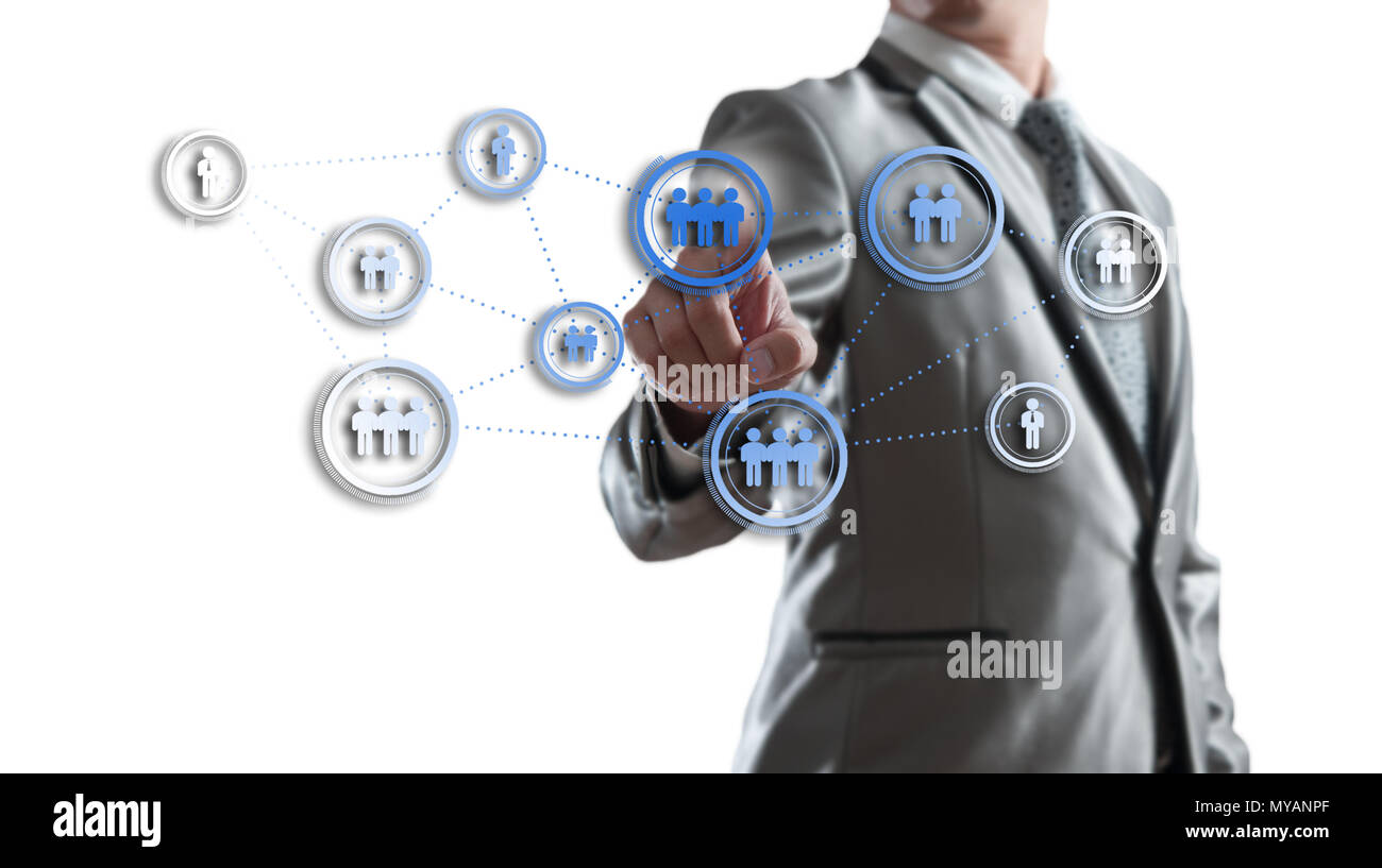 Imprenditore lavora con digital visual object, risorse umane concept Foto Stock
