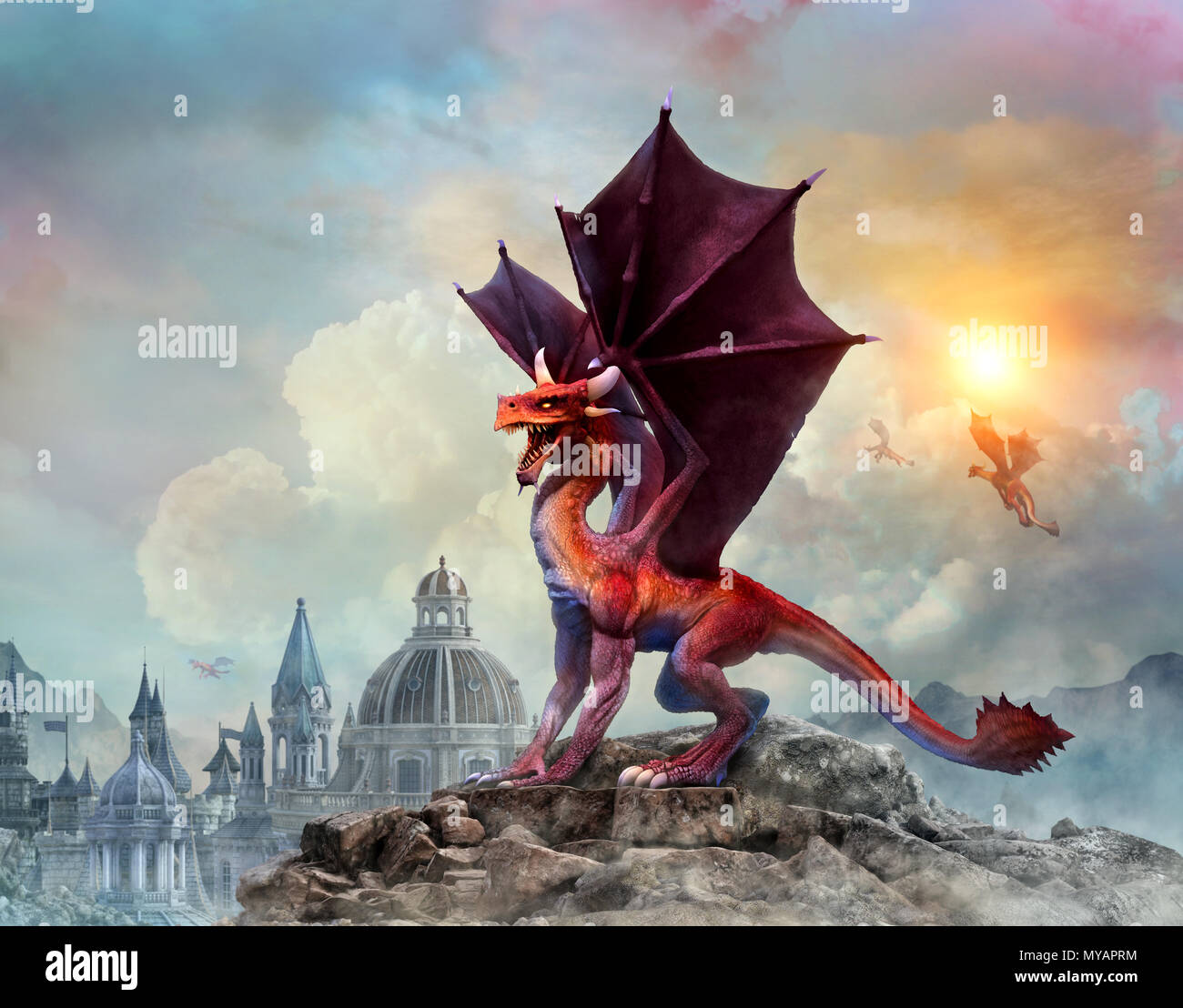 Dragon scena 3D illustrazione Foto Stock