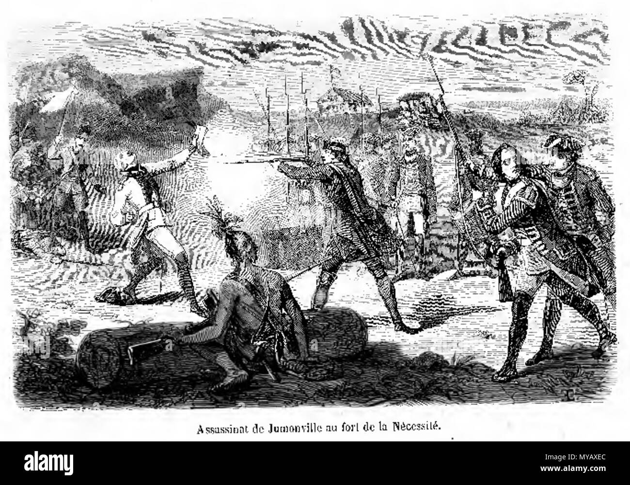 . Inglese: In questo artista della versione dell'incidente a Jumonville Glen, gli inglesi sotto il comando di George Washington sono raffigurati come uccidere gli indifesi comandante francese Jumonville a sangue freddo. Conti contemporanea dell'incidente sono contraddittorie; è molto più probabile che Jumonville era infatti tomahawked dal leader indiano Tanaghrisson mentre Washington guardato senza intervenire. 1855. sconosciuto illustrator 52 AssasinatdeJumonville Foto Stock