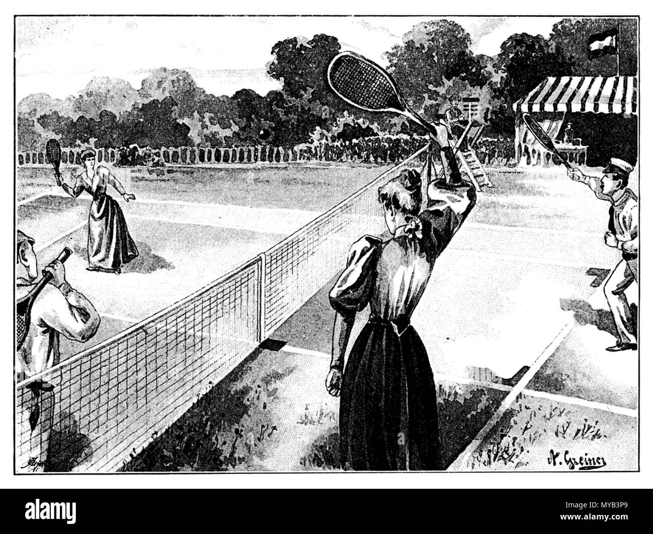 Lawn Tennis: doppio gioco: un attacco di volo, un Greiner 1895 Foto Stock