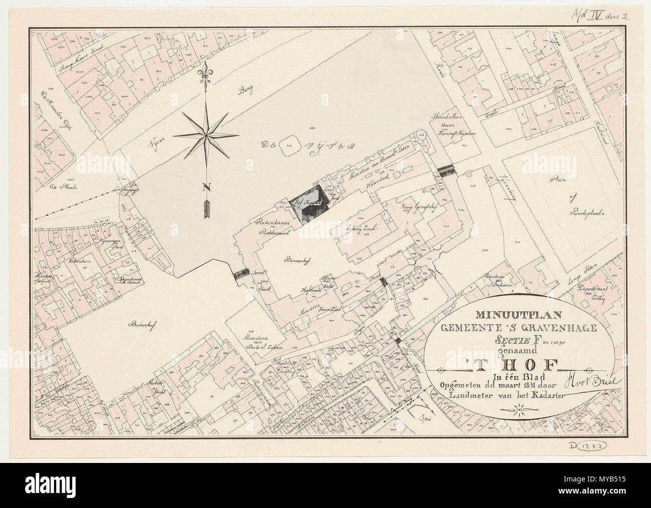 . Nederlands: Binnenhof en omgeving Gemeente 's Gravenhage sectie F genaamd 't Hof, opgemeten dd maart 1931 porta Landmeter van het kadaster . Marzo 1831. Driel, Van 75 Binnenhof en omgeving Foto Stock