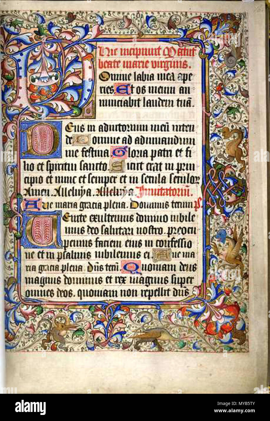 . Folio 16 recto da un libro di ore, un deorated iniziale e confini . Questo è un singolare di grandi dimensioni e sontuosamente illuminato Libro d Ore, combinando francese e inglese stili. La prima foglia contiene un elenco di obits membri della famiglia reale e del 4°, 5° e 6° Earls di Ormond e le loro mogli, così fu probabilmente realizzato per Anne Boleyn nonno, Thomas Butler (1426-1515), 7° Conte di Ormond, o un membro della sua famiglia. È stato dato agli inizi del XVI secolo ad una cappella a 'Suthwyke', probabilmente Southwick in Hampshire. L'inizio delle ore della Vergine, rivolta a piena pagina, in miniatura Foto Stock