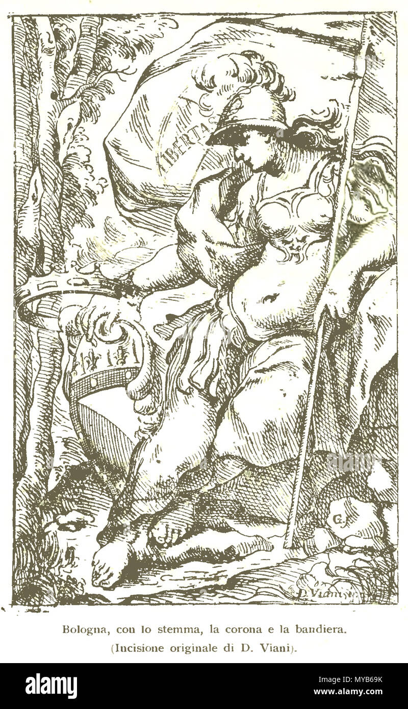 . Italiano: L'immagine rappresenta "Allegoria di Bologna nelle sembianze di Minerva che regge lo stemma della famiglia Gozzadini' 1713. . Il 4 maggio 2009. D. Viani, 1700 79 Bologna con lo stemma la corona e la bandiera Foto Stock