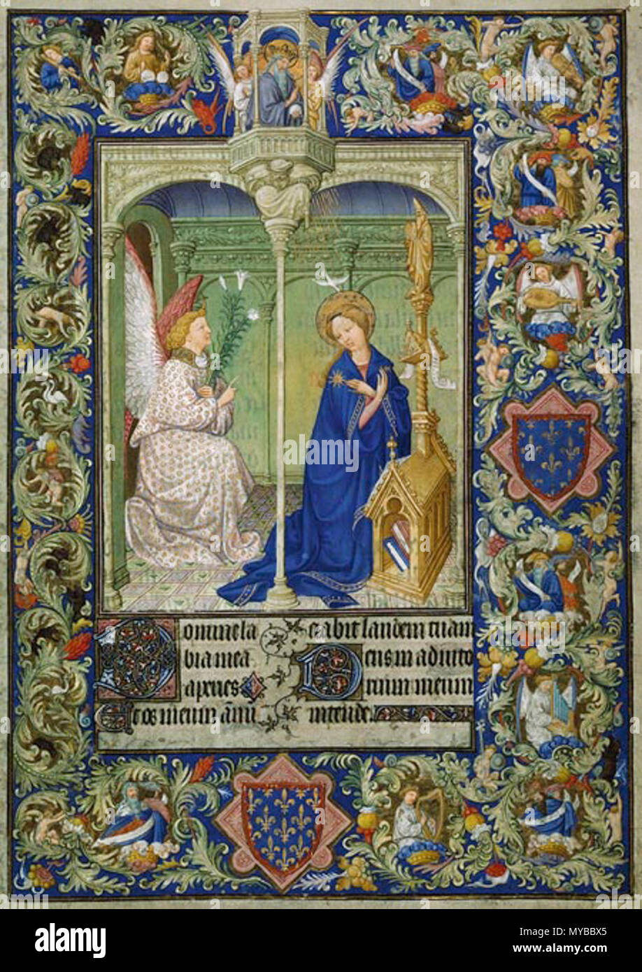 . "L'Annunciazione" pagina dal Belles Heures di Jean di Francia, il Duca di Berry, Francese. Inchiostro, tempera e foglia oro su pergamena; 9 3/8 x 6 5/8 in. (23,8 x 16,8 cm), i Chiostri Raccolta, 1954 (54.1.1). il Metropolitan Museum of Art . 1406-8 o 1409.. Pol, Jean e Herman de Limbourg (Franco-Netherlandish, attiva in Francia, dal 1399-1416) 69 Belles heures jean Duc de berry annunciazione Foto Stock