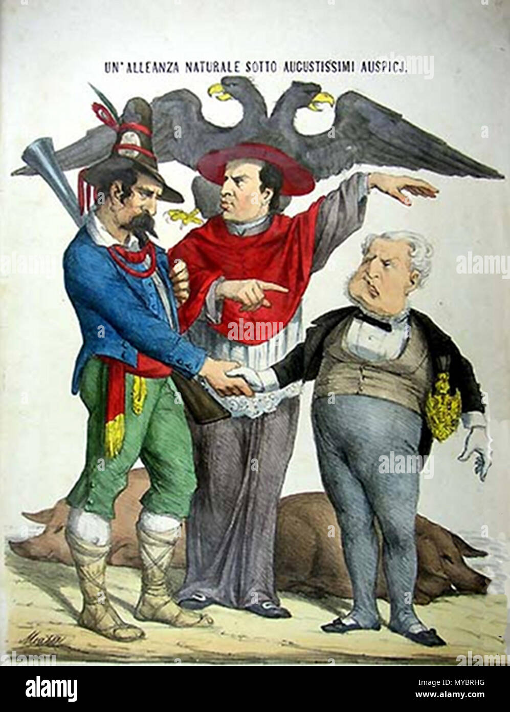 . Inglese: la satira di alleanza tra il cardinale brigants e vecchio regime italiano: Stampa satirica (allegoria) Acquerellata a mano: un' alleanza naturale sotto augustissimi auspici del Cardinale Antonelli tra nazioni unite brigante e esponente delle nazioni unite dei vecchi regimi in funzione anti unitaria italiana . 1861. Firma non leggibile 97 Cardinale brigante Foto Stock