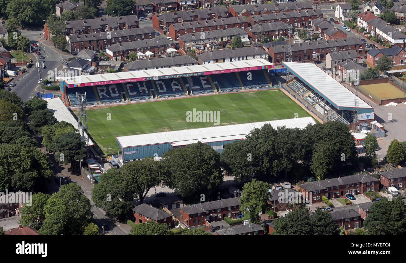 Vista aerea di Rochdale AFC Spotland Stadium, Lancashire, Regno Unito Foto Stock