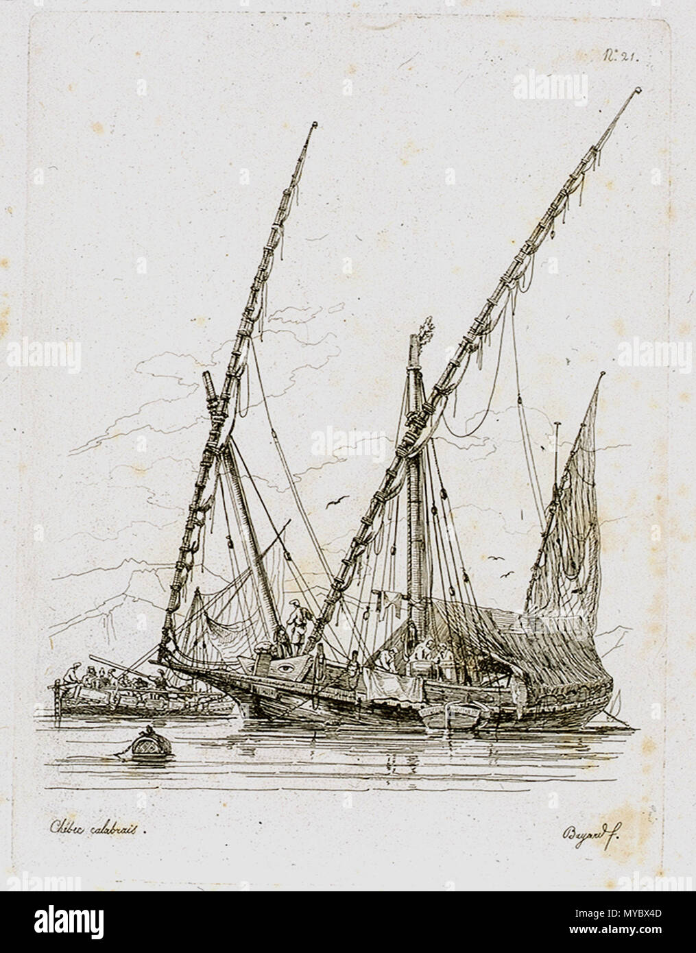 . Inglese: Xebec calabrese al di ancoraggio. Navi commerciali probabilmente come cuscinetto artiglieria n. Français : Chébec calabrais au mouillage, probablement de commerce car aucune artillerie visibile. 1832. Bayard, Mars Henry 108 Chebec calabrais en 1832 Foto Stock