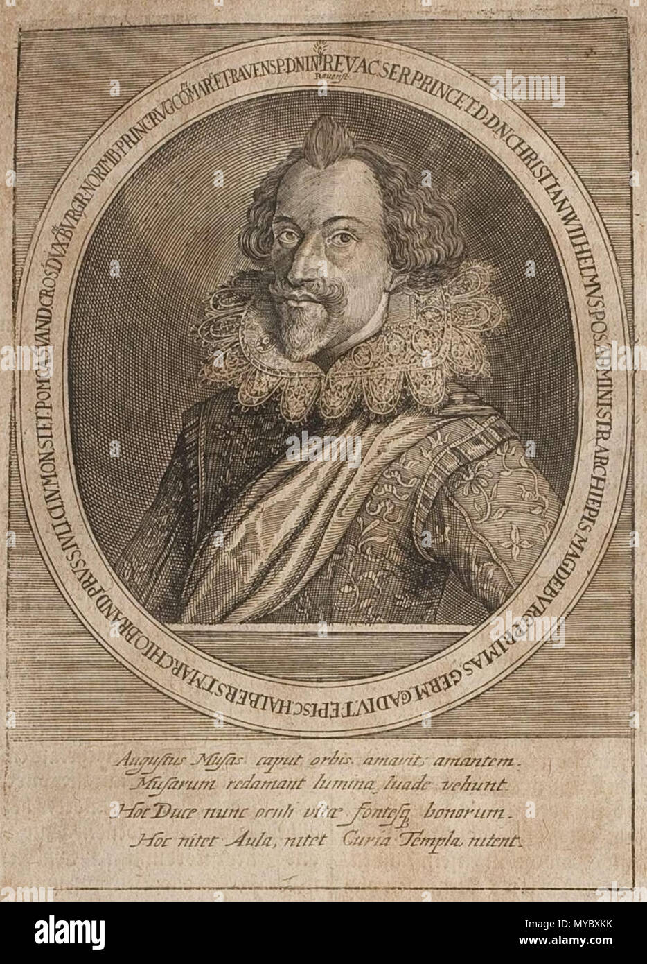 . Deutsch: Christian Wilhelm von Brandenburg, Amministratore des Erzstifts Magdeburg. In: Historischer Chronicken continuazione Oder Warhaffte Beschreibung aller denckwürdigen Geschichten : così sich hin und larga in der Welt/ vom Jahr Christi 1629. biß in das Jahr 1633. zugetragen. Frankfurt a.M. (Merian) 1633, S. 233 . 1633. Matthäus Merian 111 Christian Wilhelm 02 Foto Stock