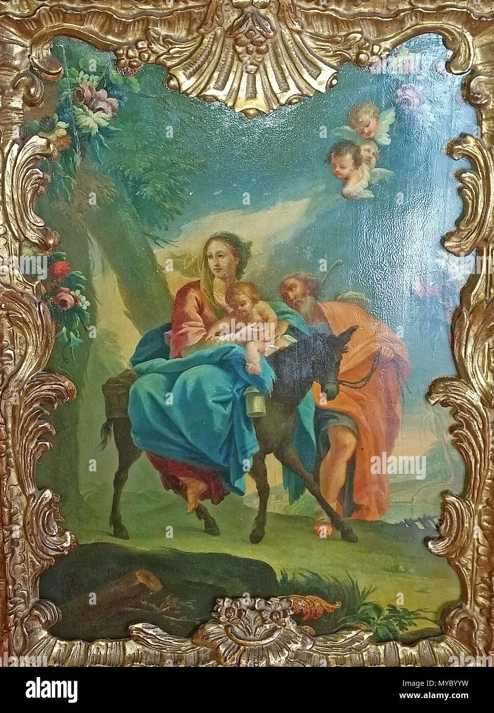 . Italiano: La fuga della sacra famiglia in Egitto, olio su tela nello stile del XVIII secolo. Inglese: la Fuga in Egitto della Santa Famiglia, olio su tela, nello stile del XVIII secolo. Xxo s.. Sconosciuto 114 di Claudio Francesco Beaumont "Fuga in Egitto" Foto Stock